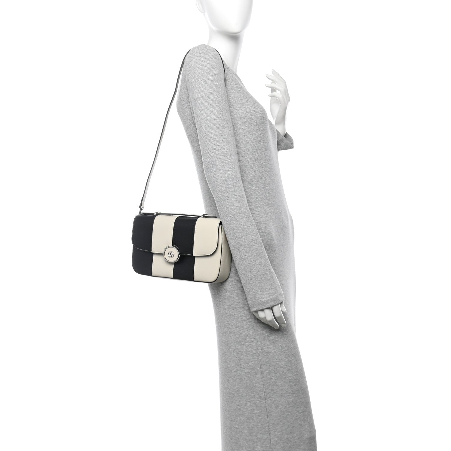 Senna Calfskin Lines Petite GG Top Handle Shoulder Bag Black Mystic White