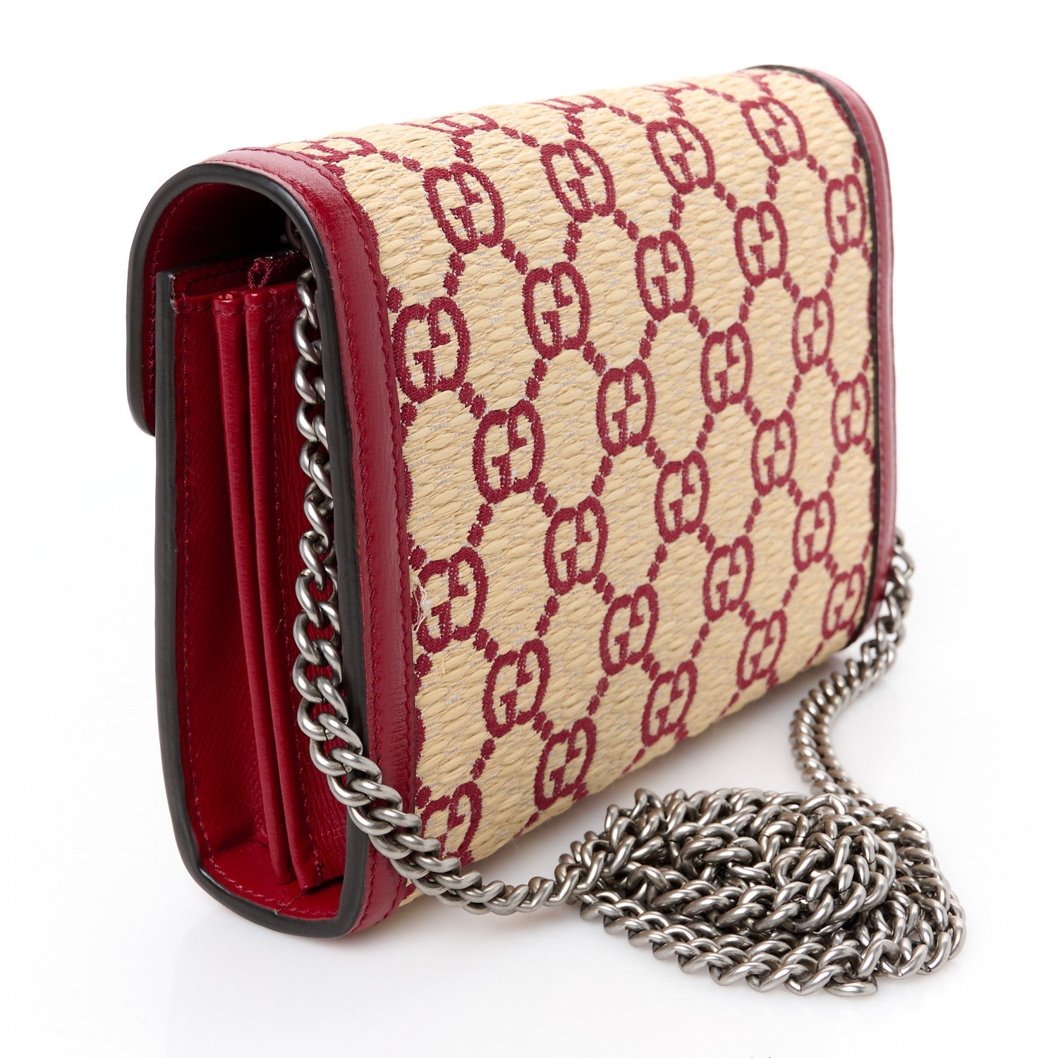 Straw Jacquard Azalea Calfskin GG Monogram Mini Dionysus Chain Wallet Natural New Cherry Red