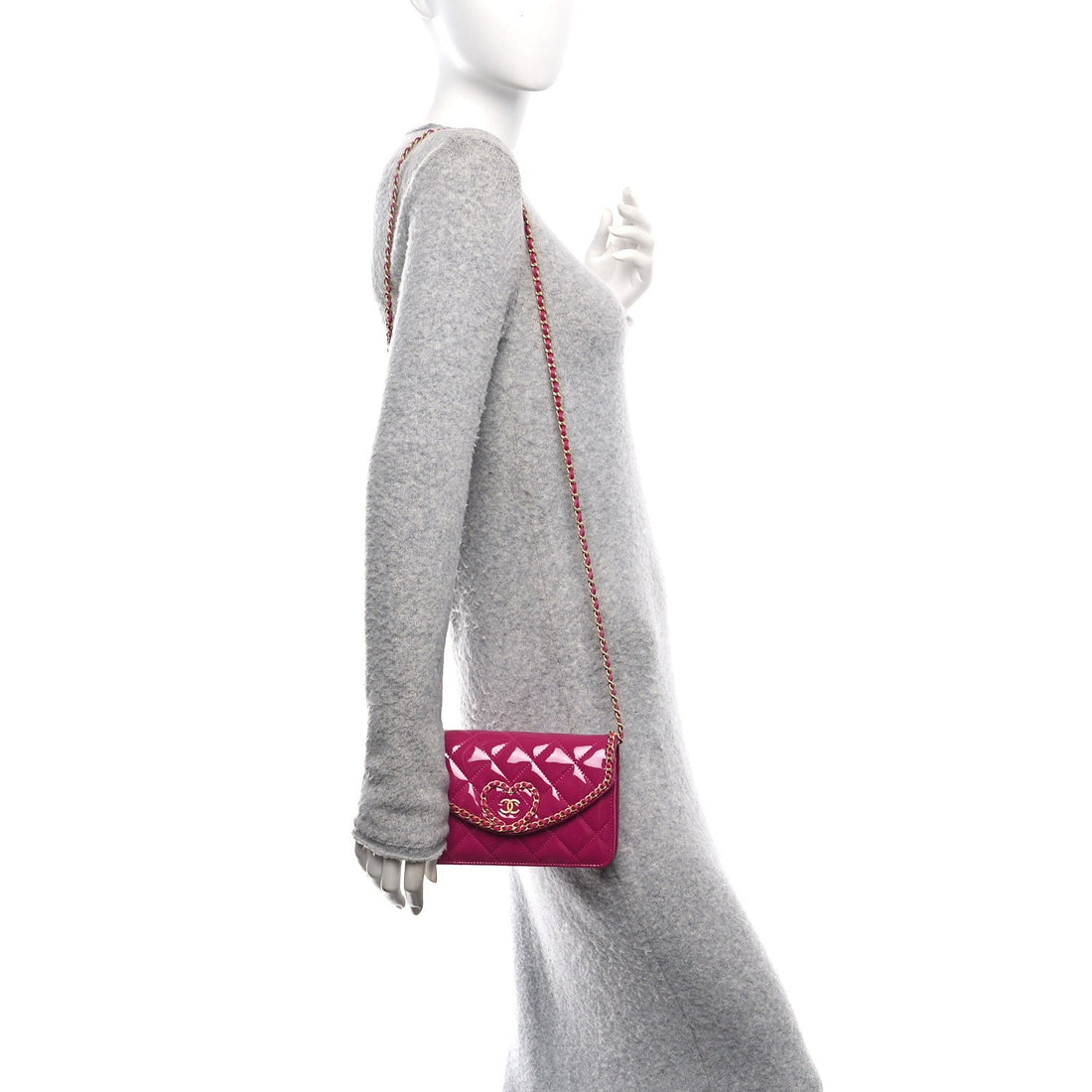 Patent Quilted Chain Around Heart Wallet On Chain WOC Fuchsia