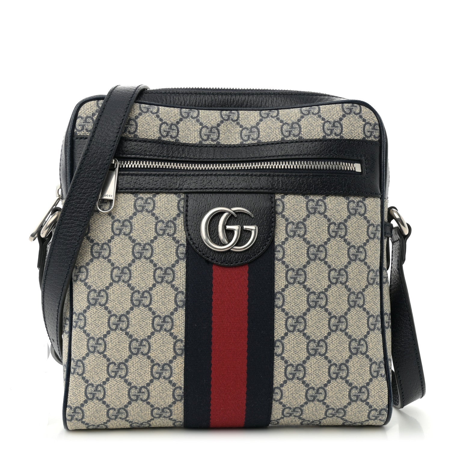 GG Supreme Monogram Textured Dollar Calfskin Web Small Ophidia Messenger Bag Beige Blue
