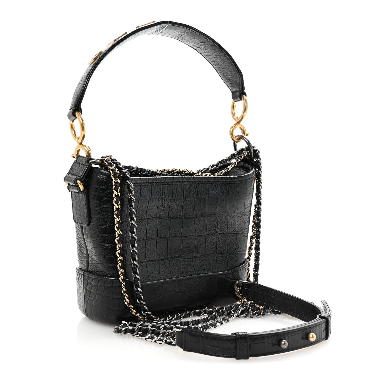 Calfskin Crocodile Embossed Small Gabrielle Cocodile Hobo Black