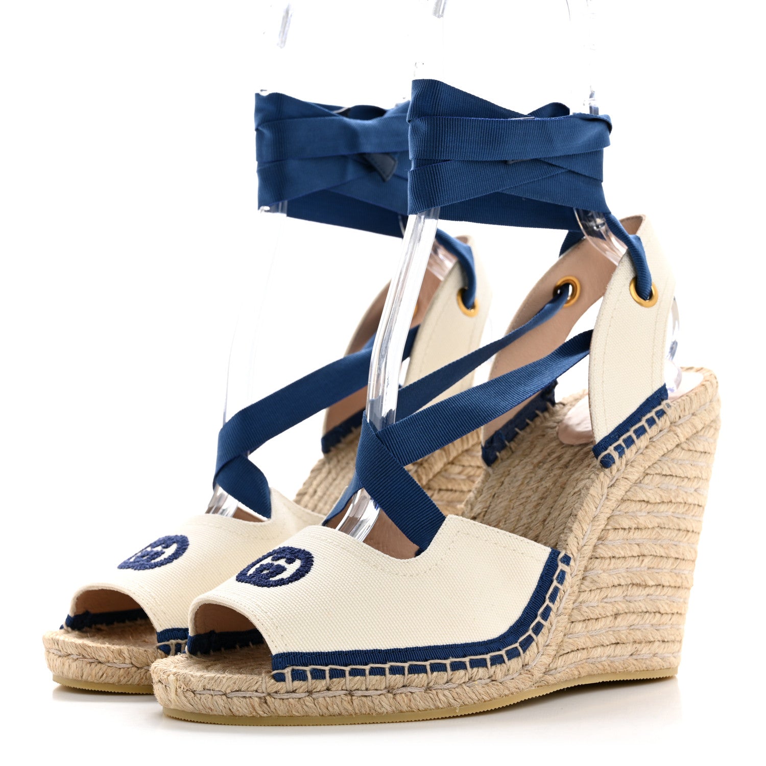 Canvas GG Ankle Wrap Platform Espadrille Wedges 40 Mystic White Royale Blue