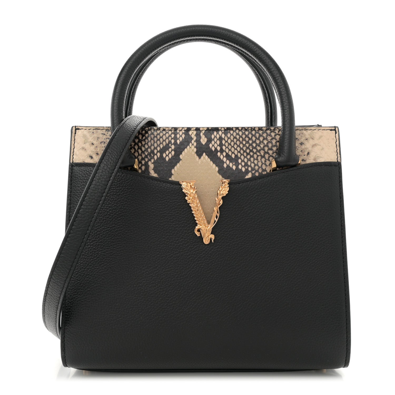 Grained Calfskin Snakeskin Embossed Virtus Top Handle Tote Black