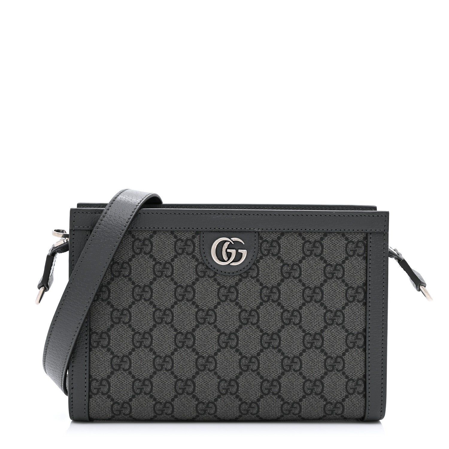 GG Supreme Monogram Textured Dollar Calfskin Web Small Ophidia Shoulder Bag  Grey Black Graphite Grey