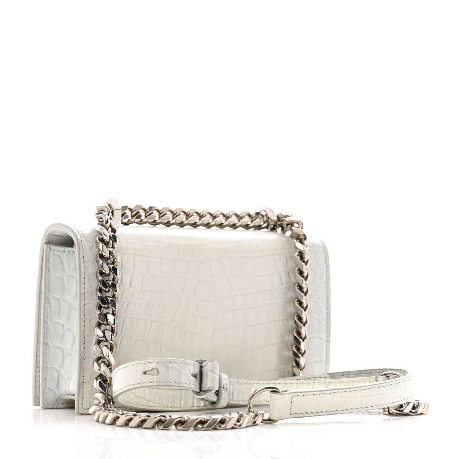 Calfskin Shiny Crocodile Embossed Mini Ombrè Jeweled Satchel Ivory Grey