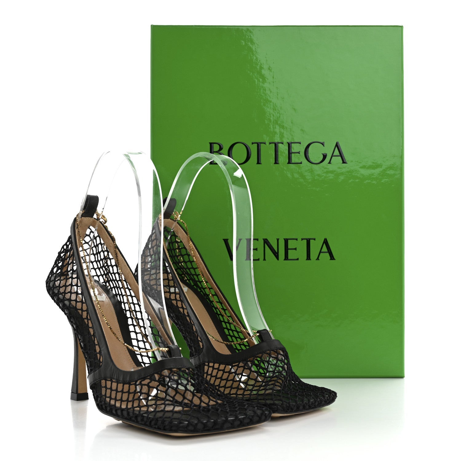 Mesh Calfskin Chain Stretch Pumps 36.5 Black