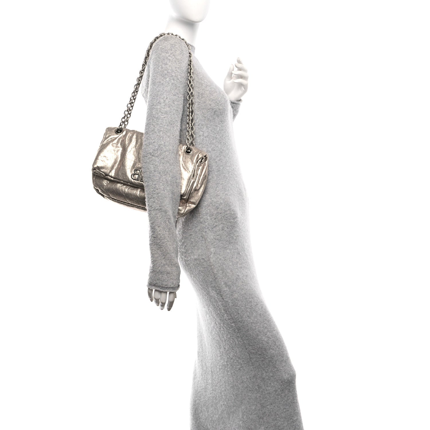 Metallized Arena Calfskin Small Monaco Chain Shoulder Bag Stone Beige