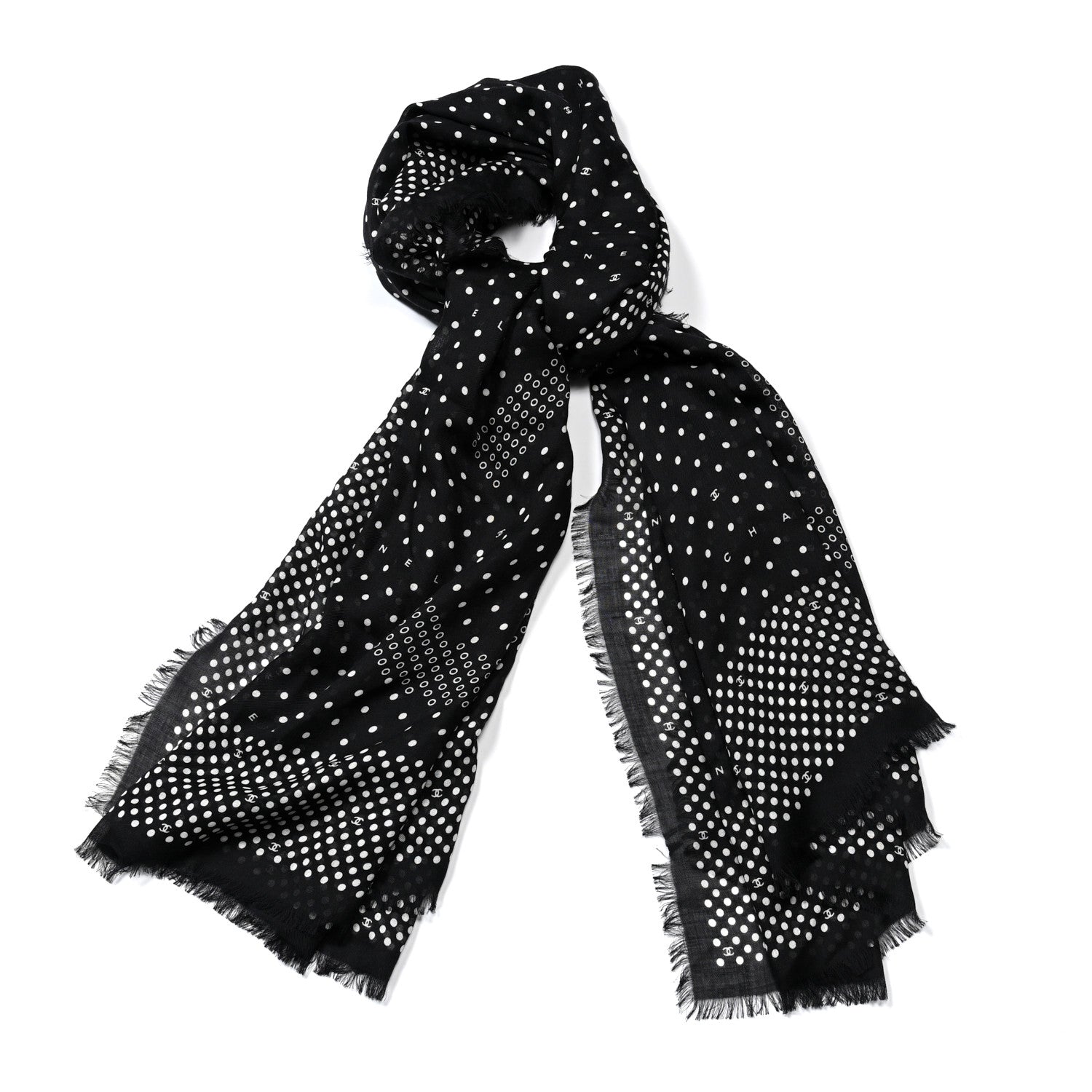 Cashmere Silk Polka Dot Fringe Stole White Black