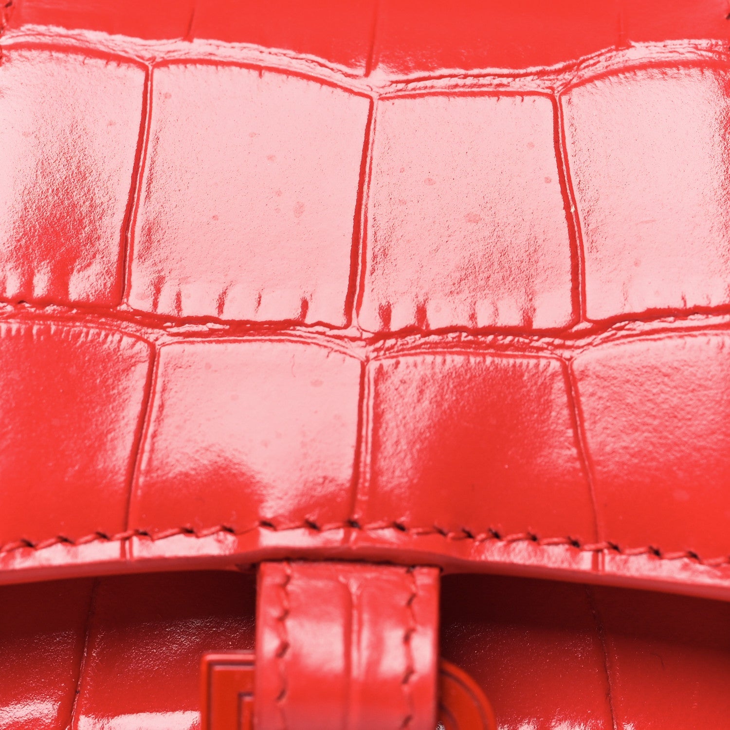 Shiny Calfskin Tonal B Crocodile Embossed Hourglass Top Handle Bag Mini Bright Red