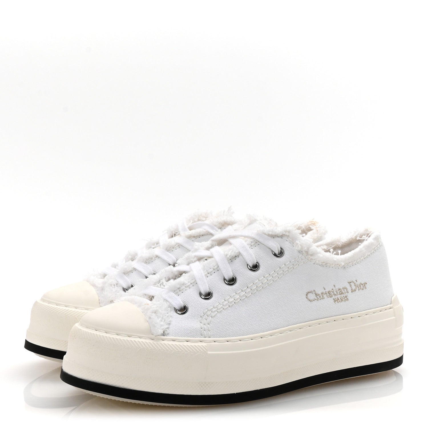 Frayed Canvas Embroidered Logo Walk'N'Dior Low Top Platform Sneakers 38 White