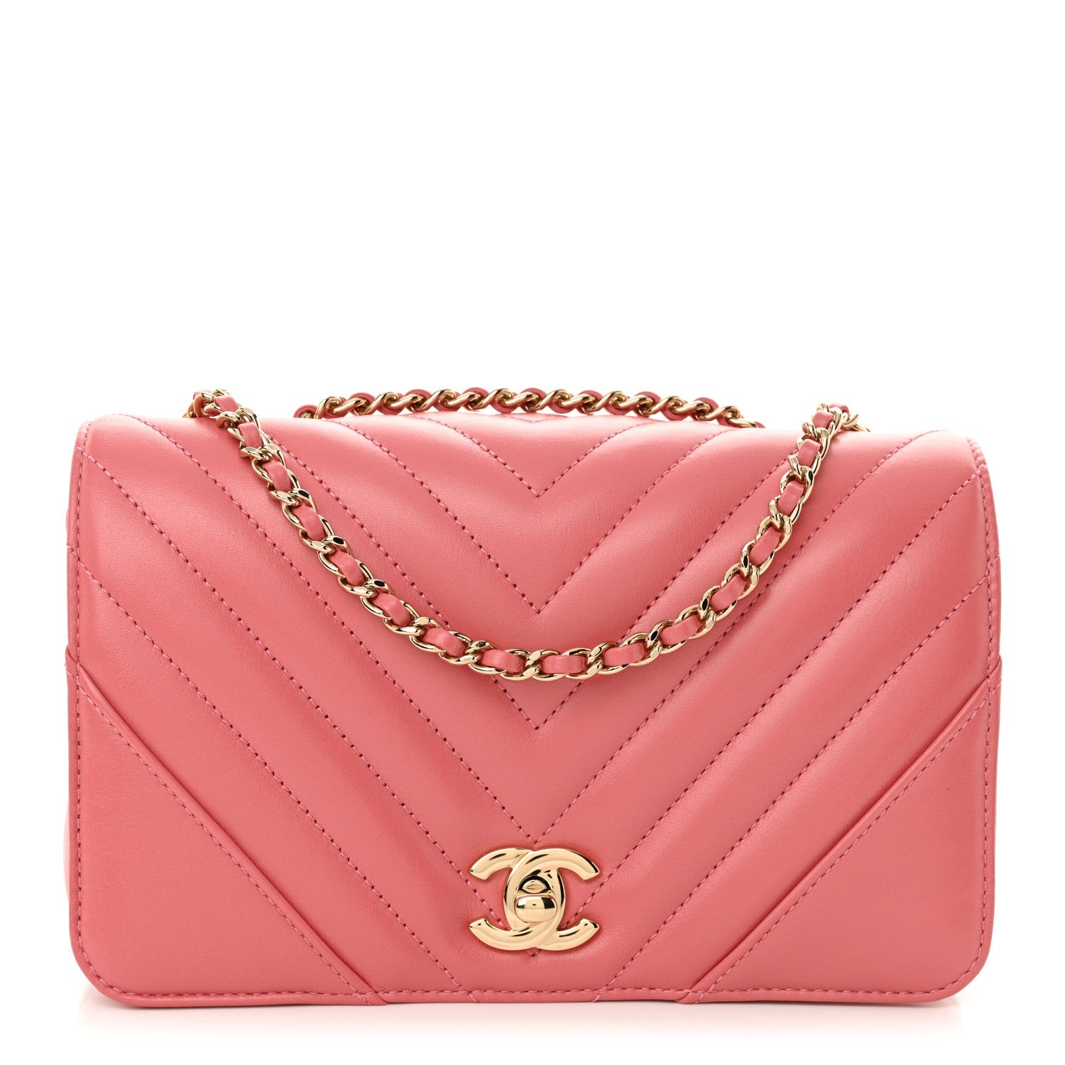 Calfskin Chevron Quilted Mini Statement Flap Pink