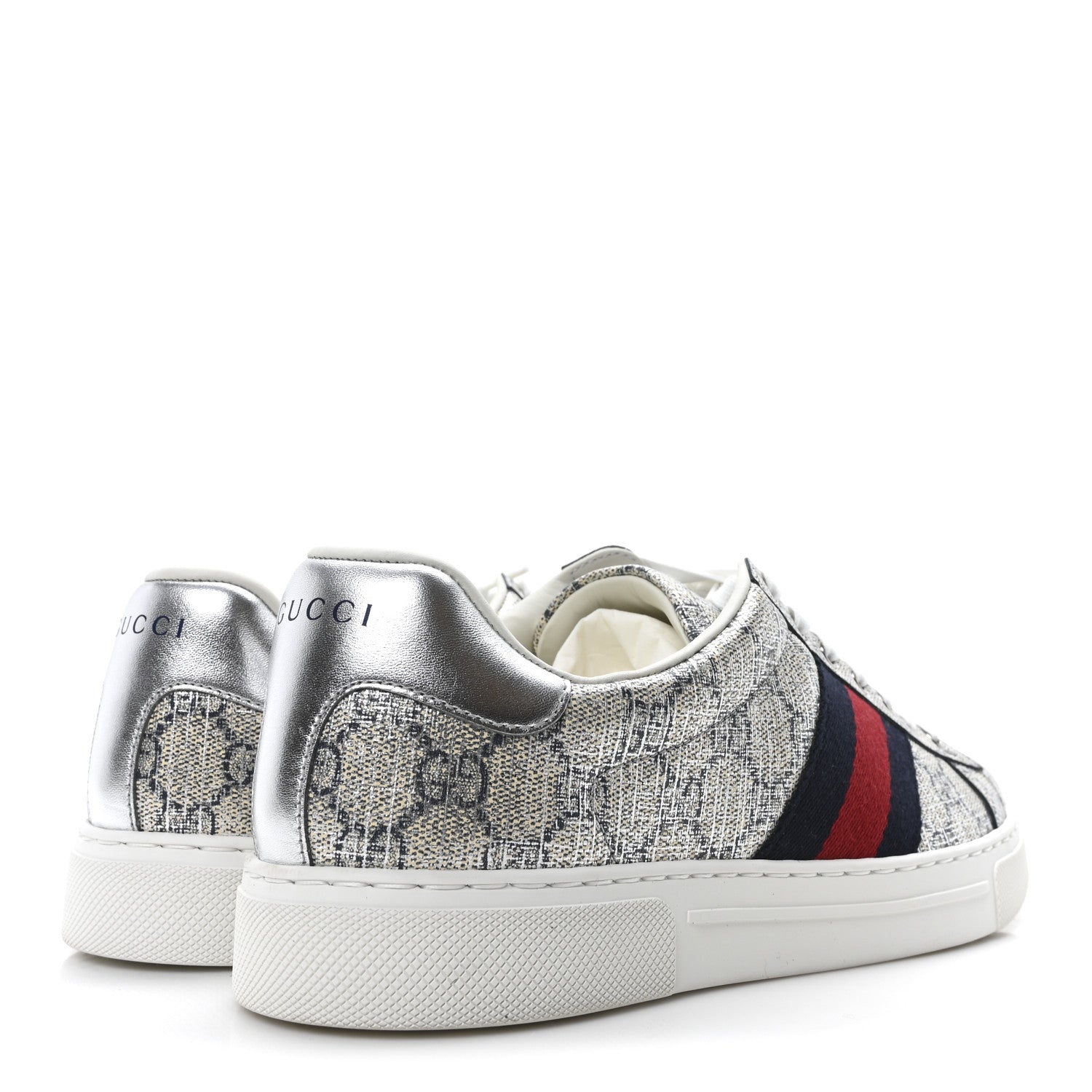 GG Supreme Monogram Metal Web Mens Ace Sneakers 7.5 Beige Blue Silver