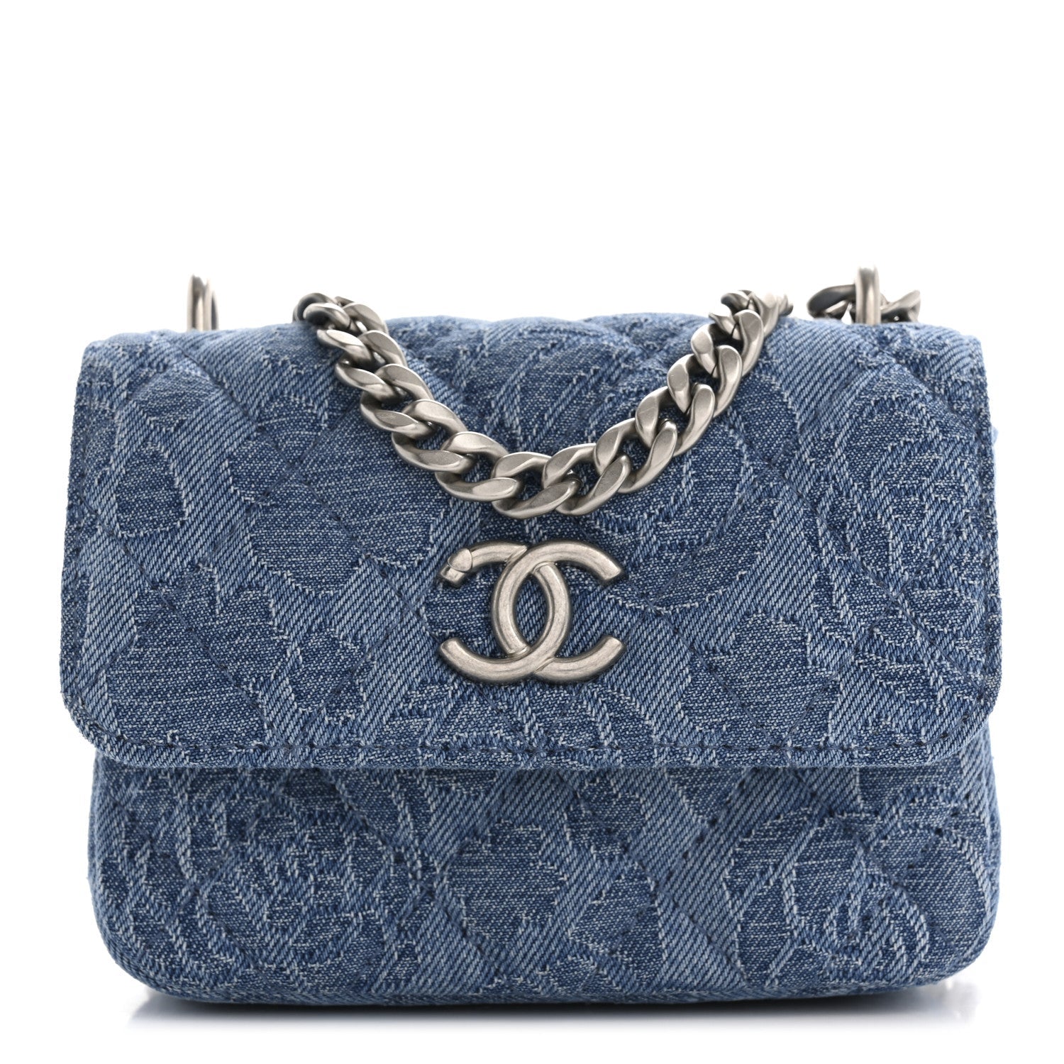 Denim Quilted Camellia Sweetheart Card Holder With Chain Blue