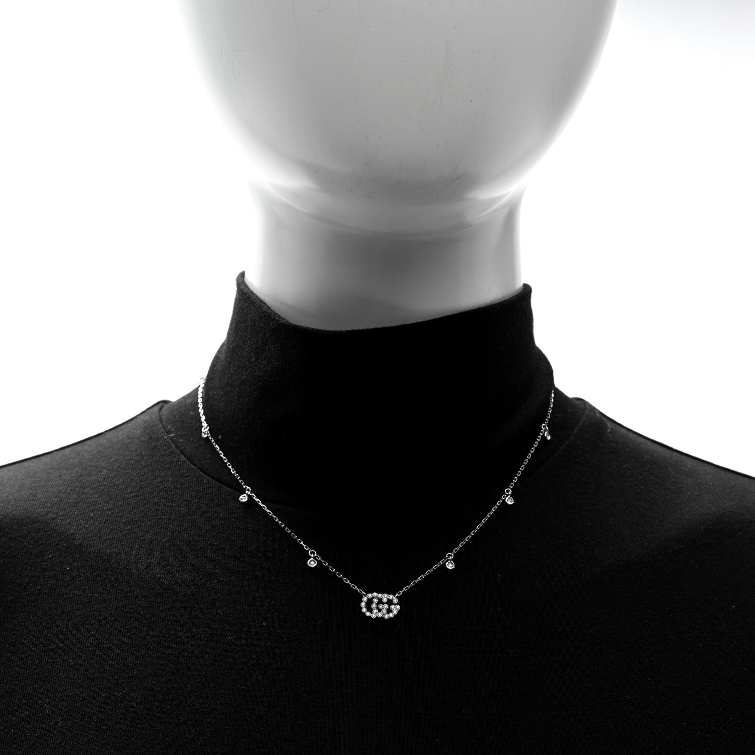 18K White Gold Diamond Running GG Pendant Necklace