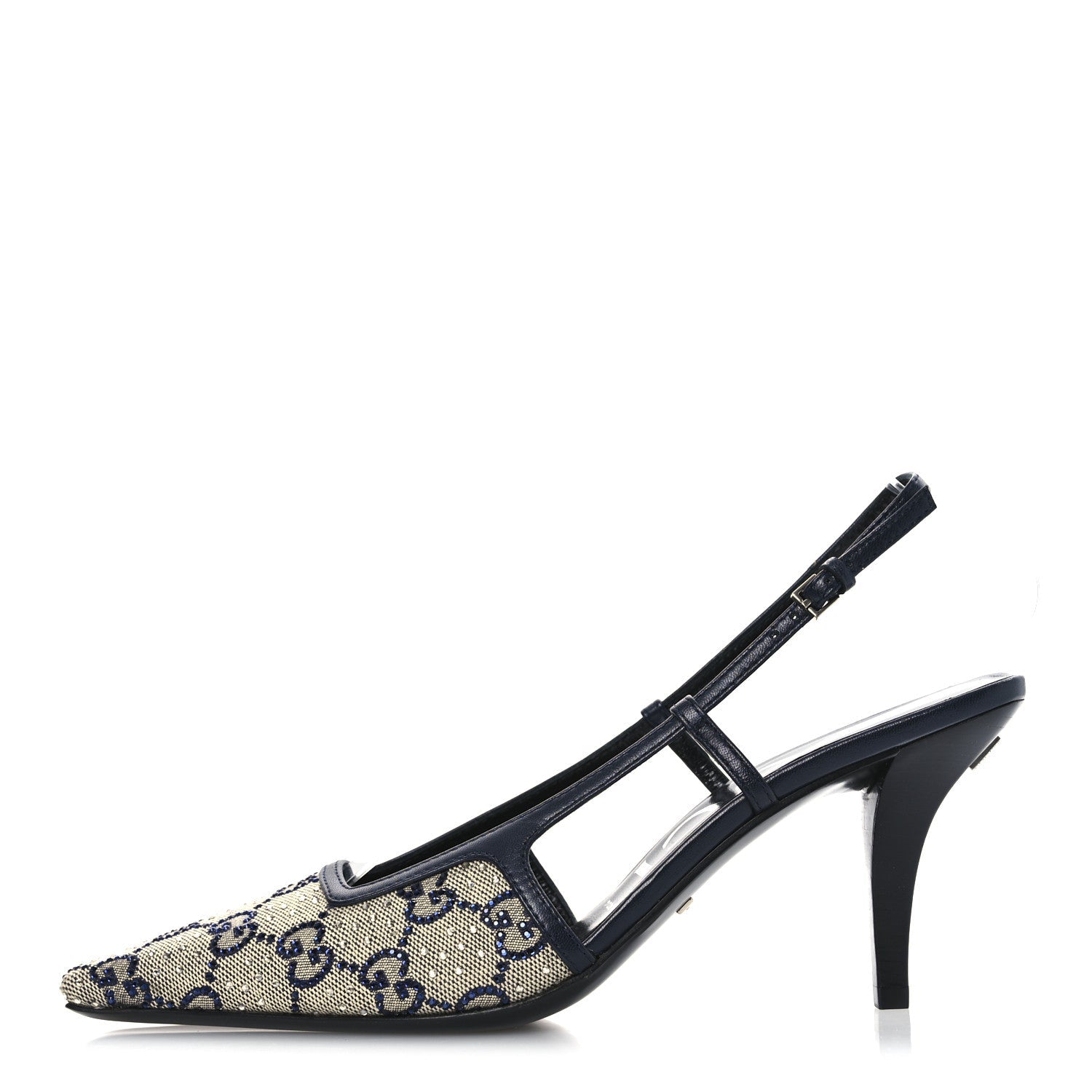 GG Monogram Malaga Kid Crystal Square G 75mm Slingback Pumps 37.5 Beige Blue