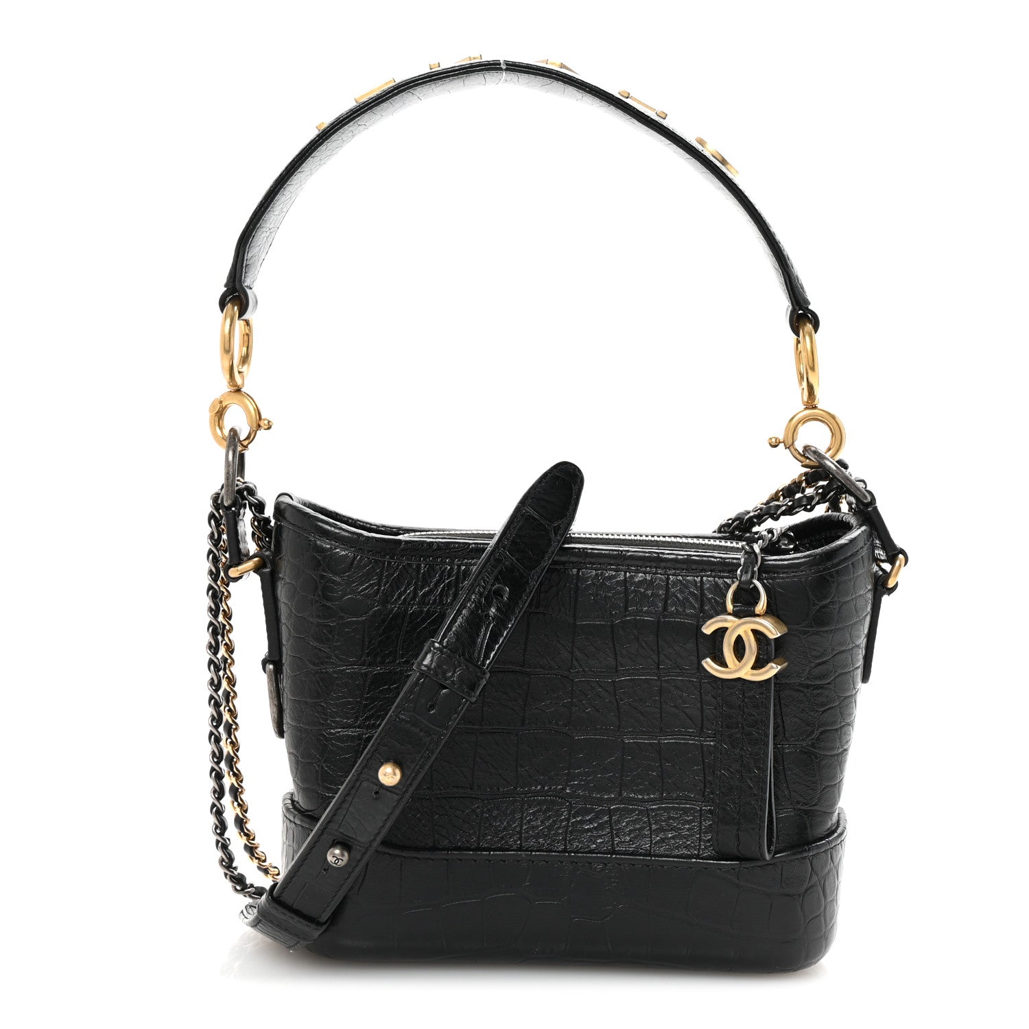 Calfskin Crocodile Embossed Small Gabrielle Cocodile Hobo Black