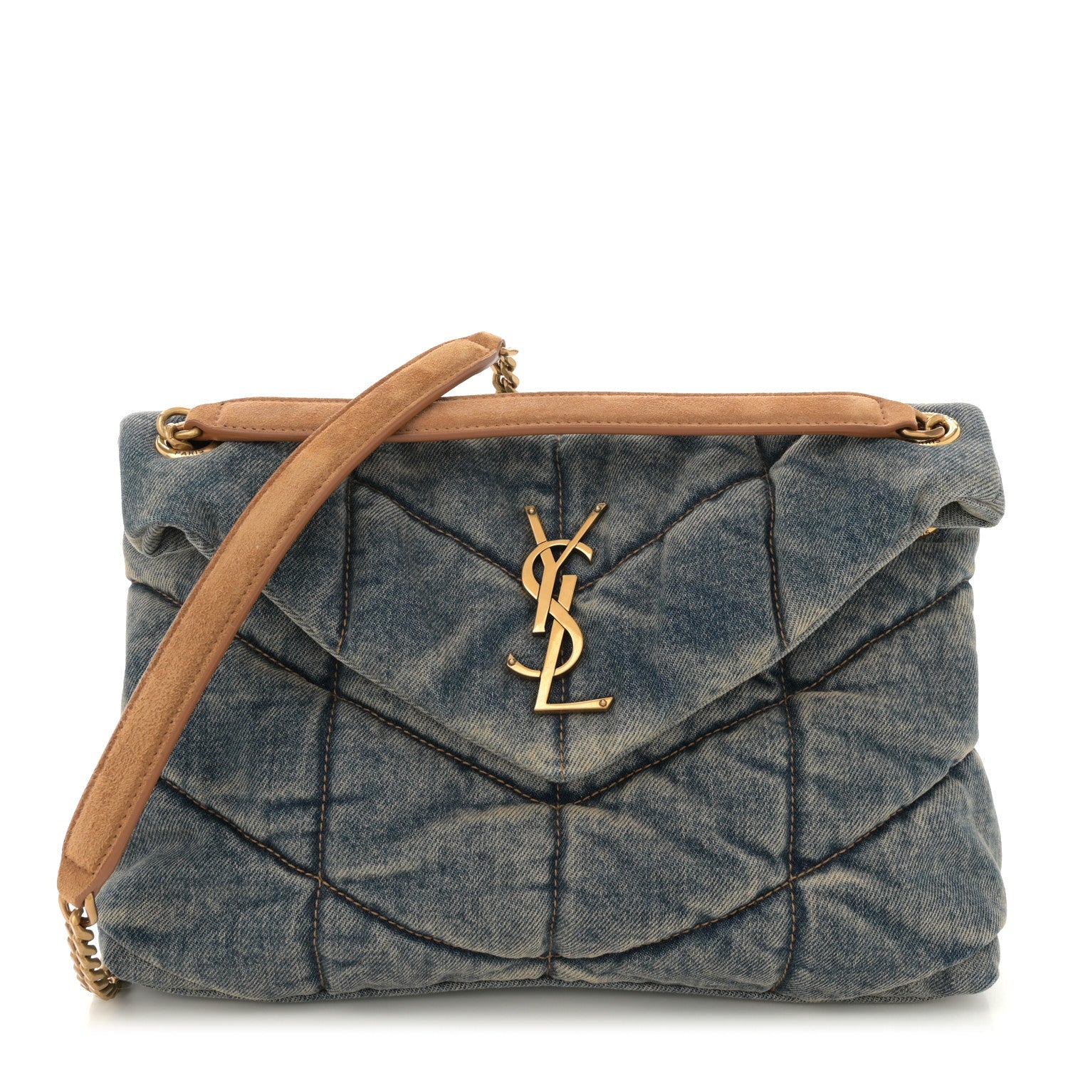 Denim Quilted Small Loulou Puffer Monogram Chain Satchel Blue Cinnamon