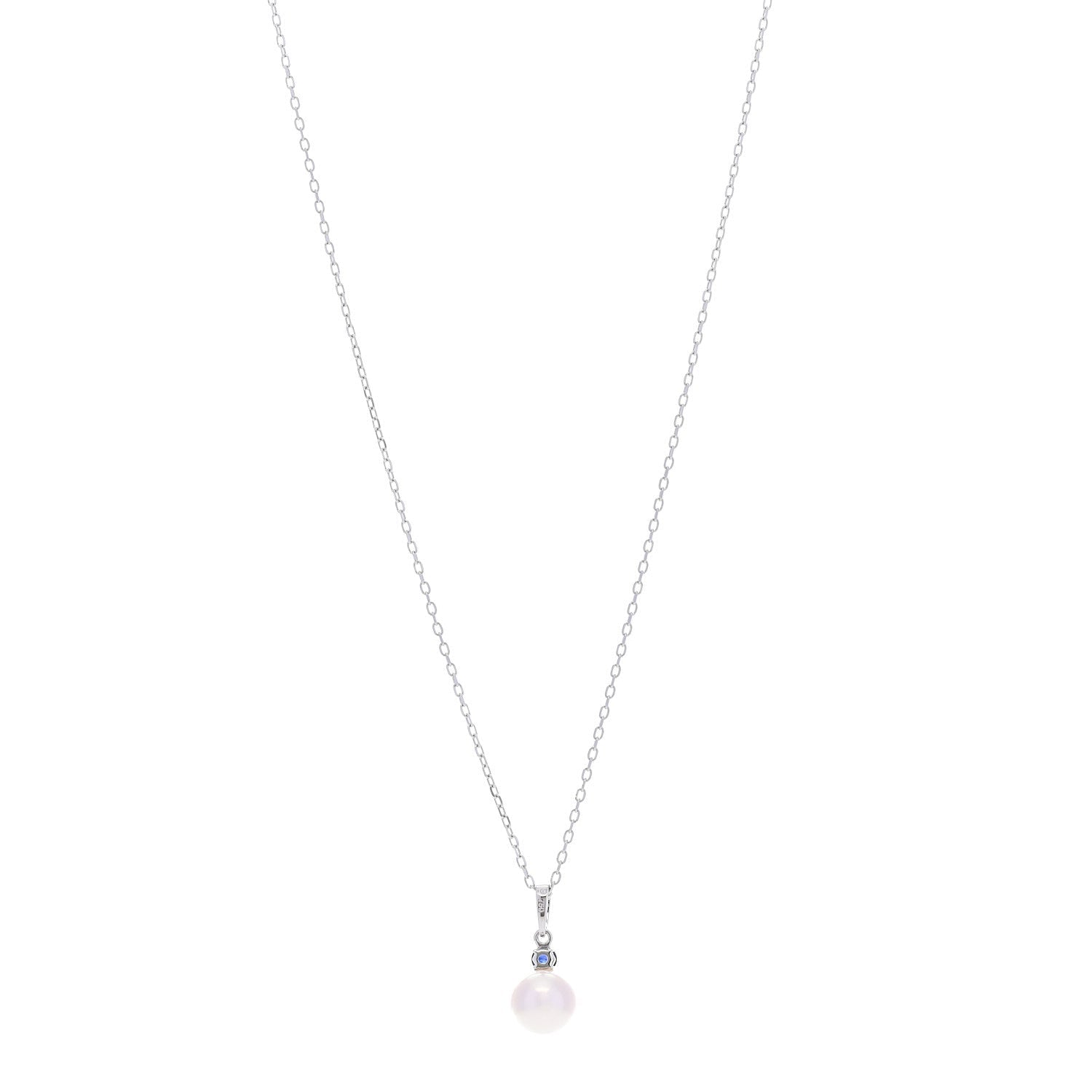 18K White Gold Blue Sapphire Akoya Cultured Pearl 8-8.5mm Pendant Necklace