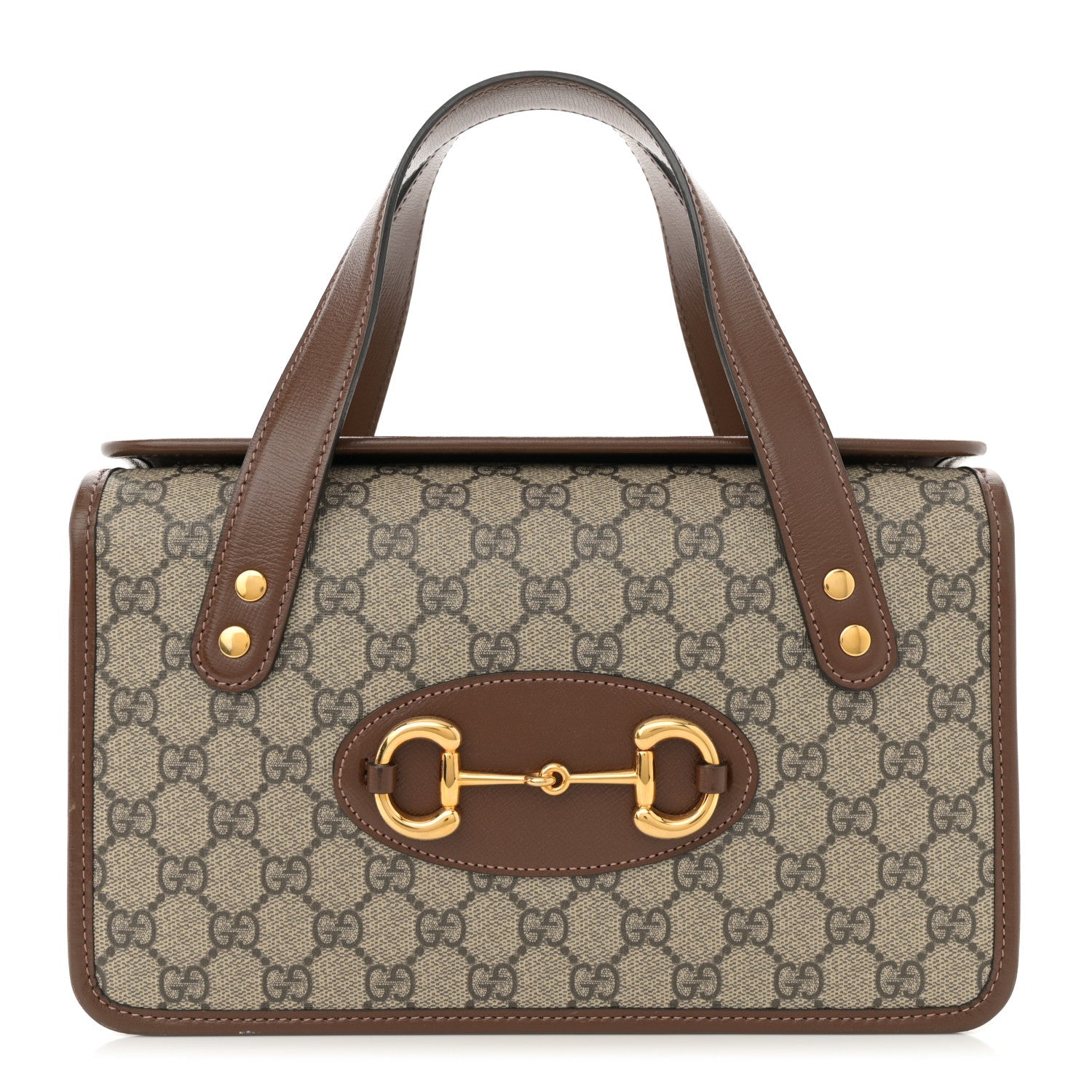 GG Supreme Monogram Azalea Calfskin Small Horsebit 1955 Foldover Top Handle Bag Beige Ebony Brown Sugar