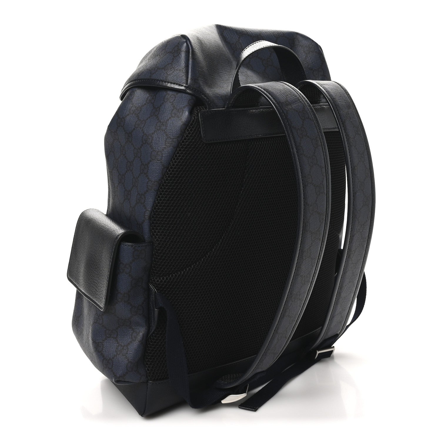 GG Supreme Monogram Textured Dollar Calfskin Medium Ophidia Double Buckle Backpack Blue Dark Blue Black