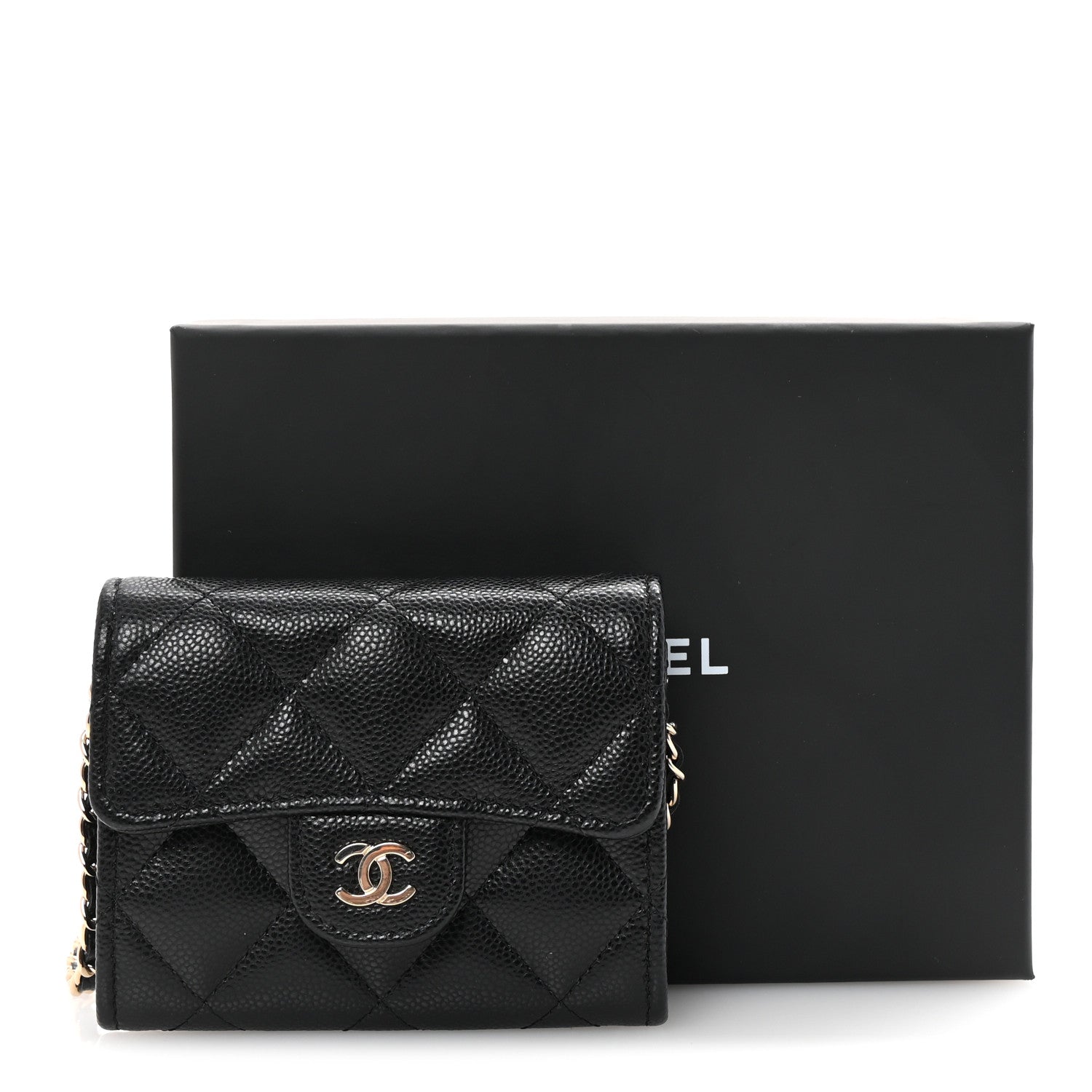 Caviar Quilted Flap Card Holder On Chain Black