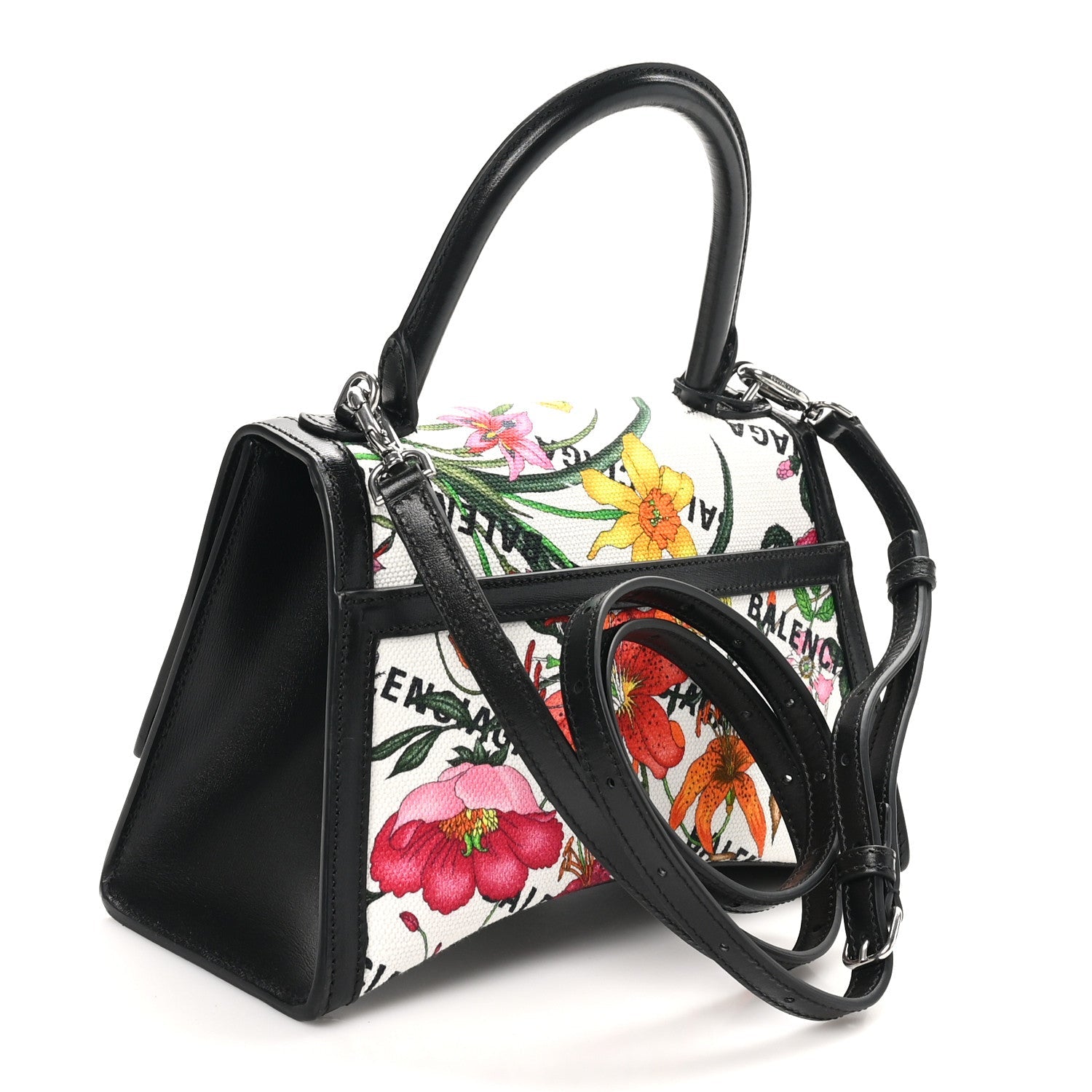 X GUCCI Canvas Boarded Plutone Calfskin Flora Logo Print Small Hourglass Top Handle Bag White Multicolor Black
