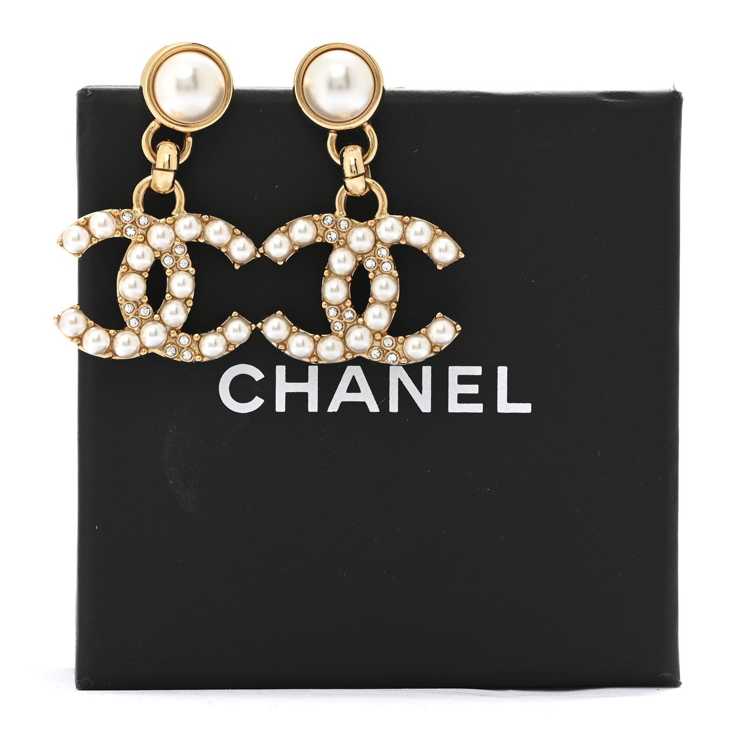 Pearl Crystal CC Drop Earrings Gold