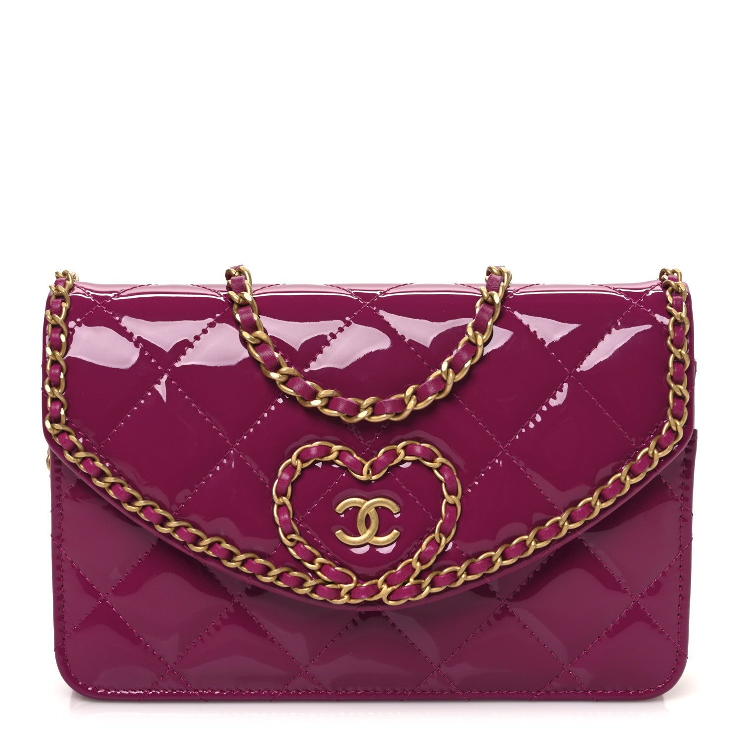 Patent Quilted Chain Around Heart Wallet On Chain WOC Fuchsia