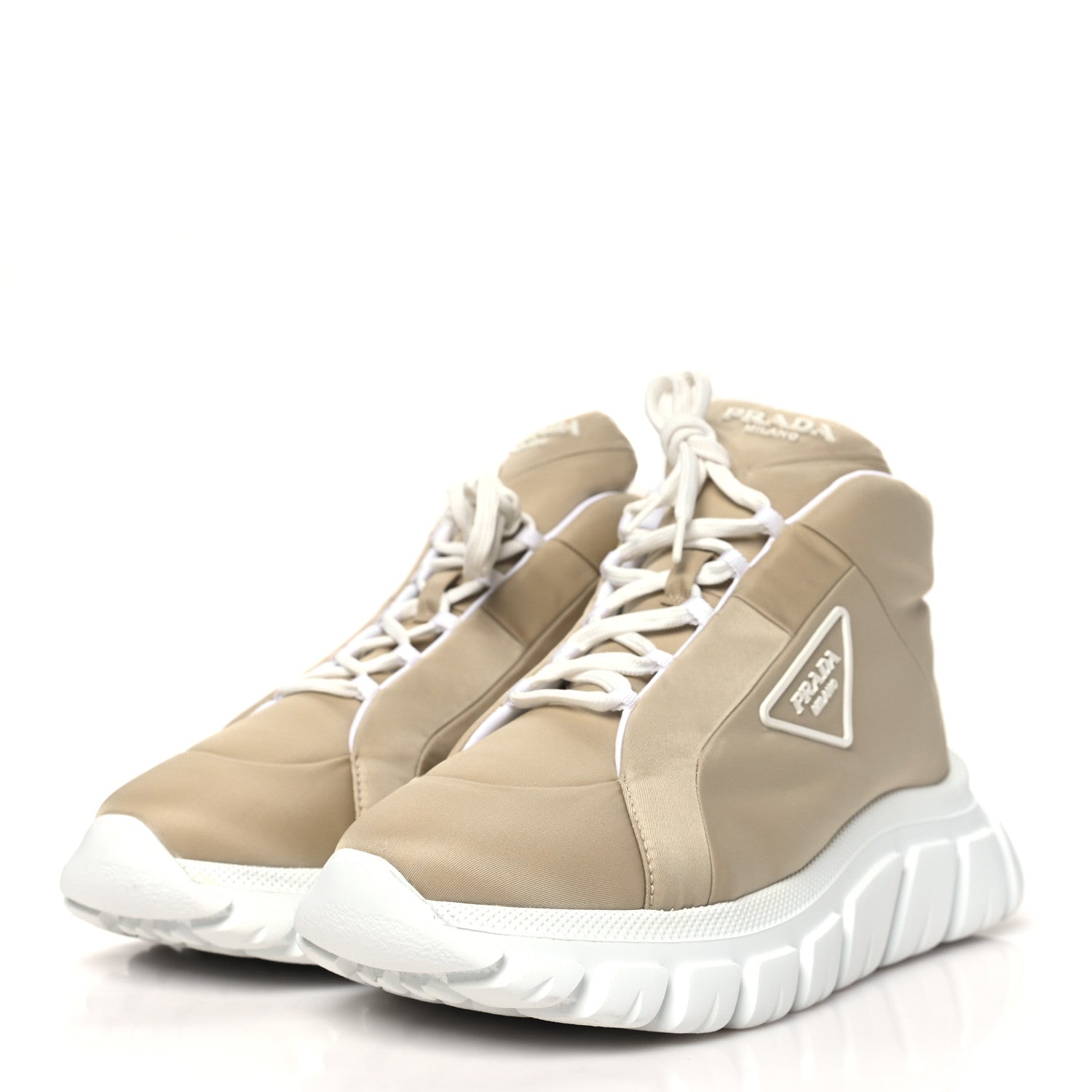 Re-Nylon Gabardine Rubber Triangle Logo Quilted Mens Rush Piuma 50mm Mid Sneakers 39.5 Deserto