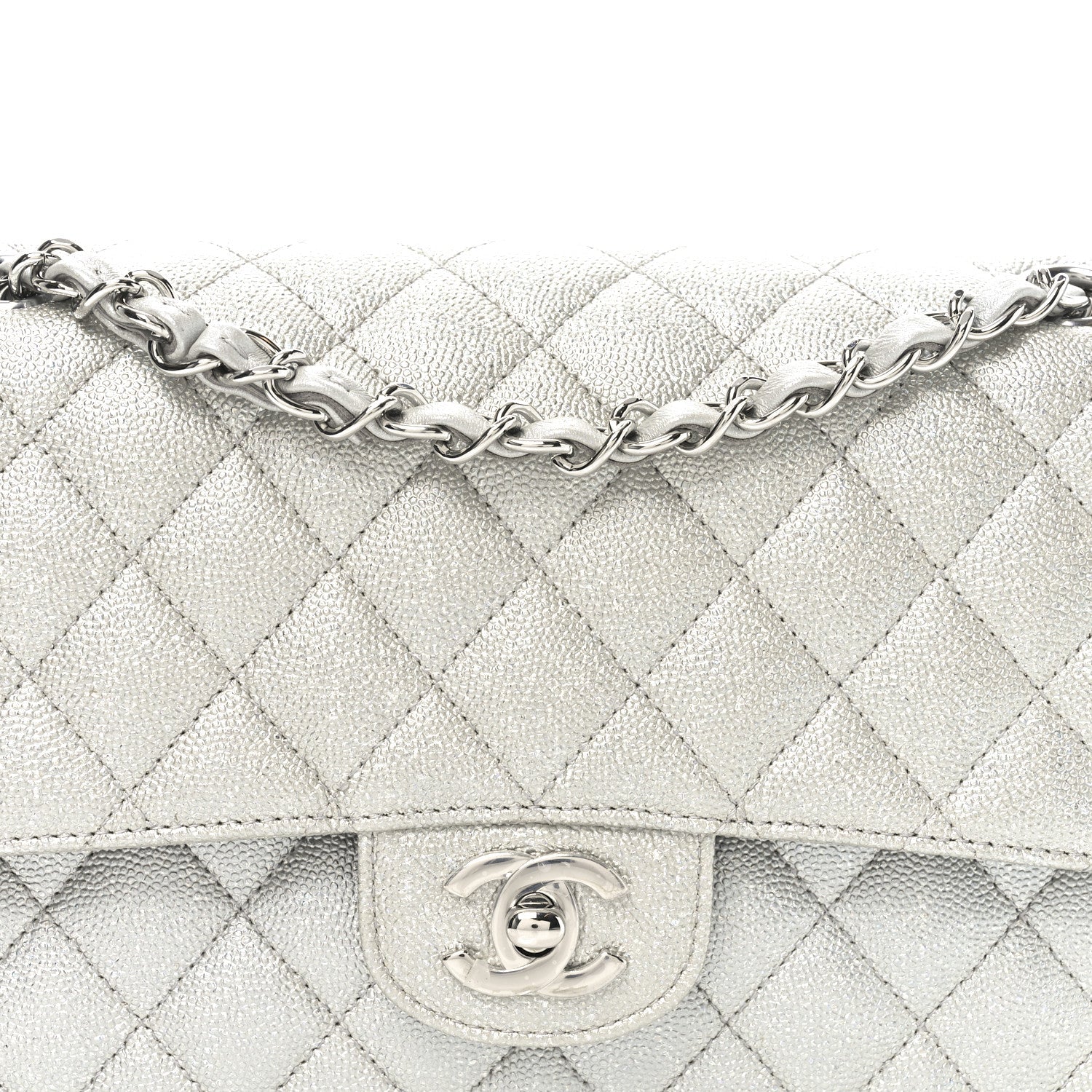 Glittered Metallic Caviar Quilted Medium Double Flap Silver