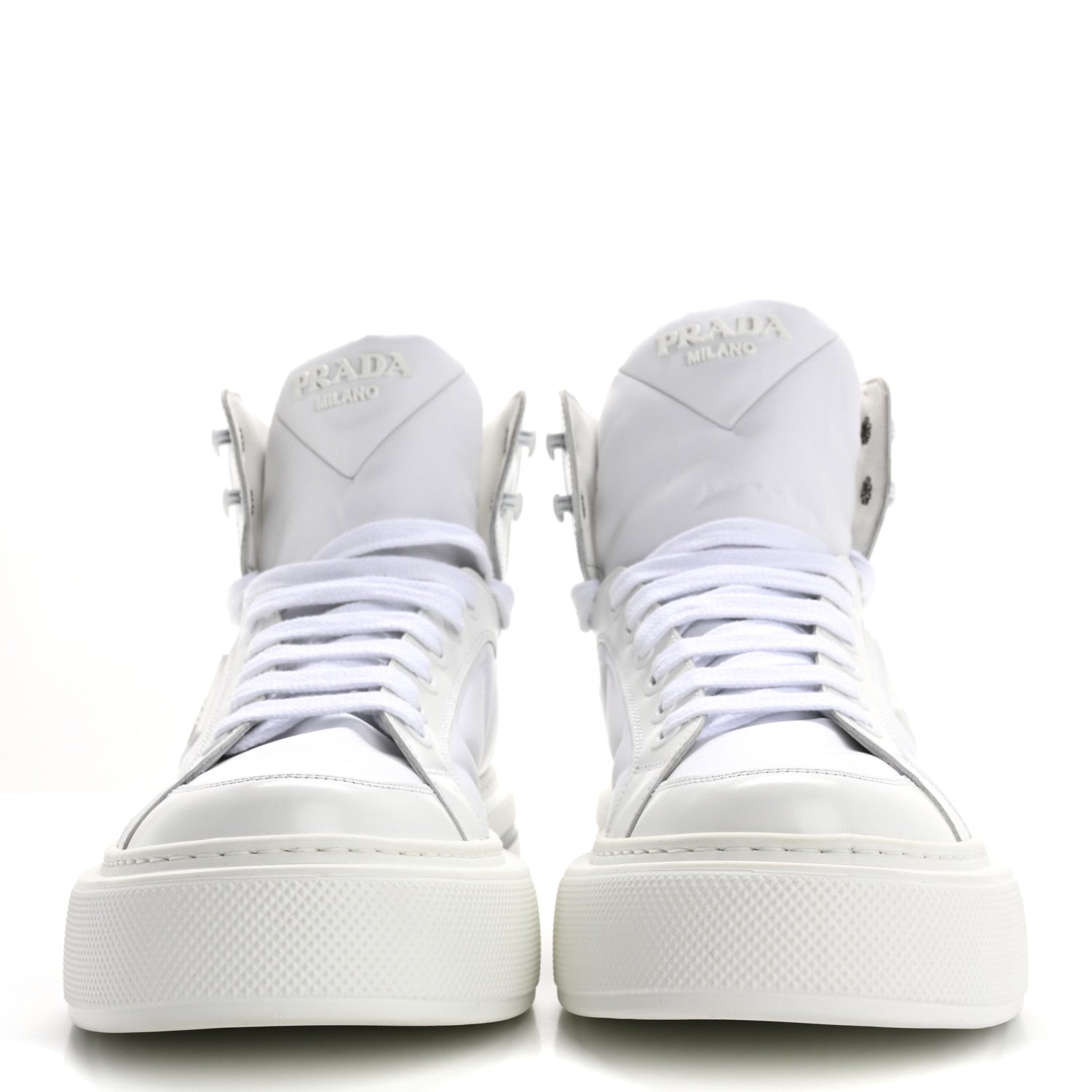 Re-Nylon Gabardine Spazzolato Macro Quilted Triangle Logo Mens High Top 45mm Sneakers 8.5 White