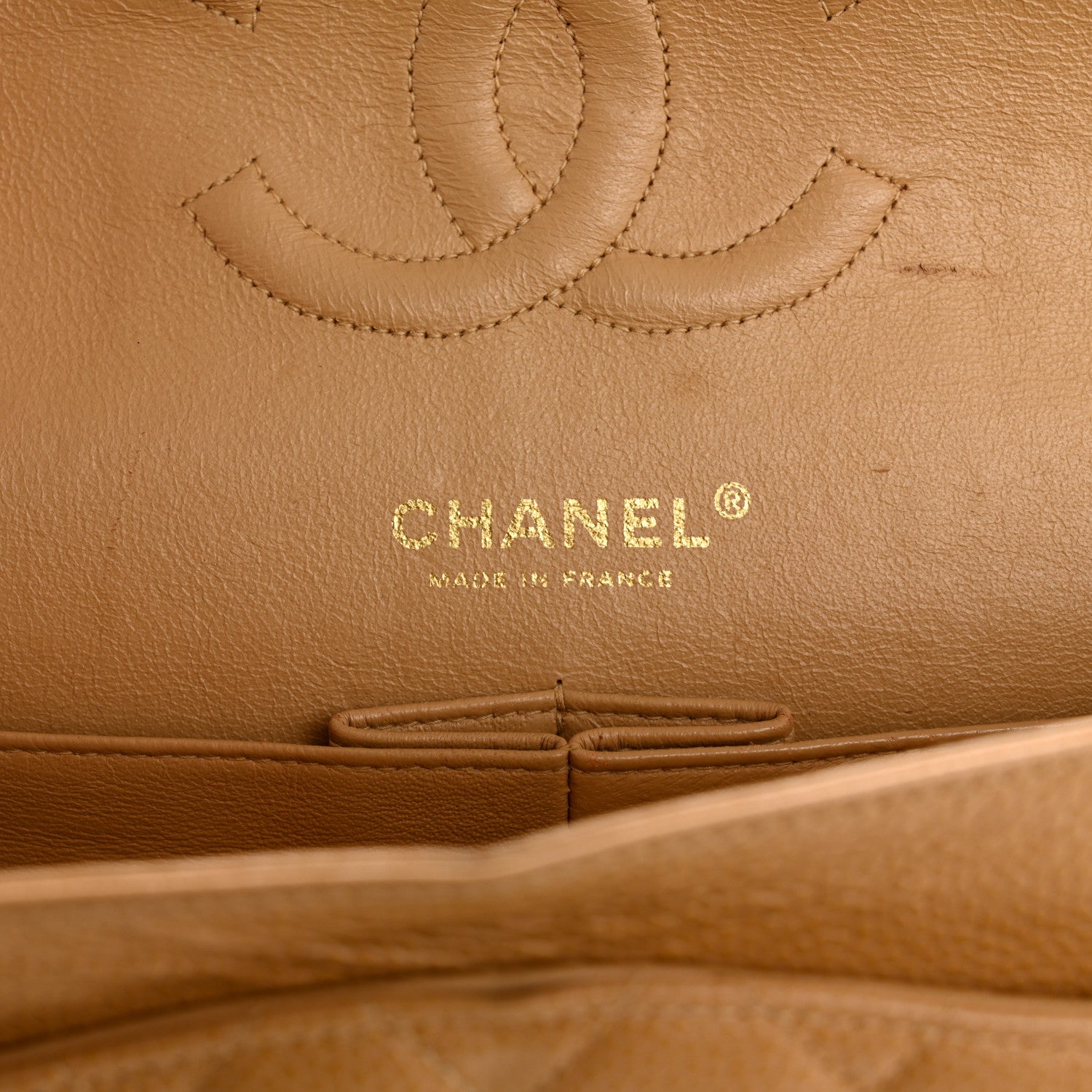 Caviar Quilted Medium Double Flap Beige