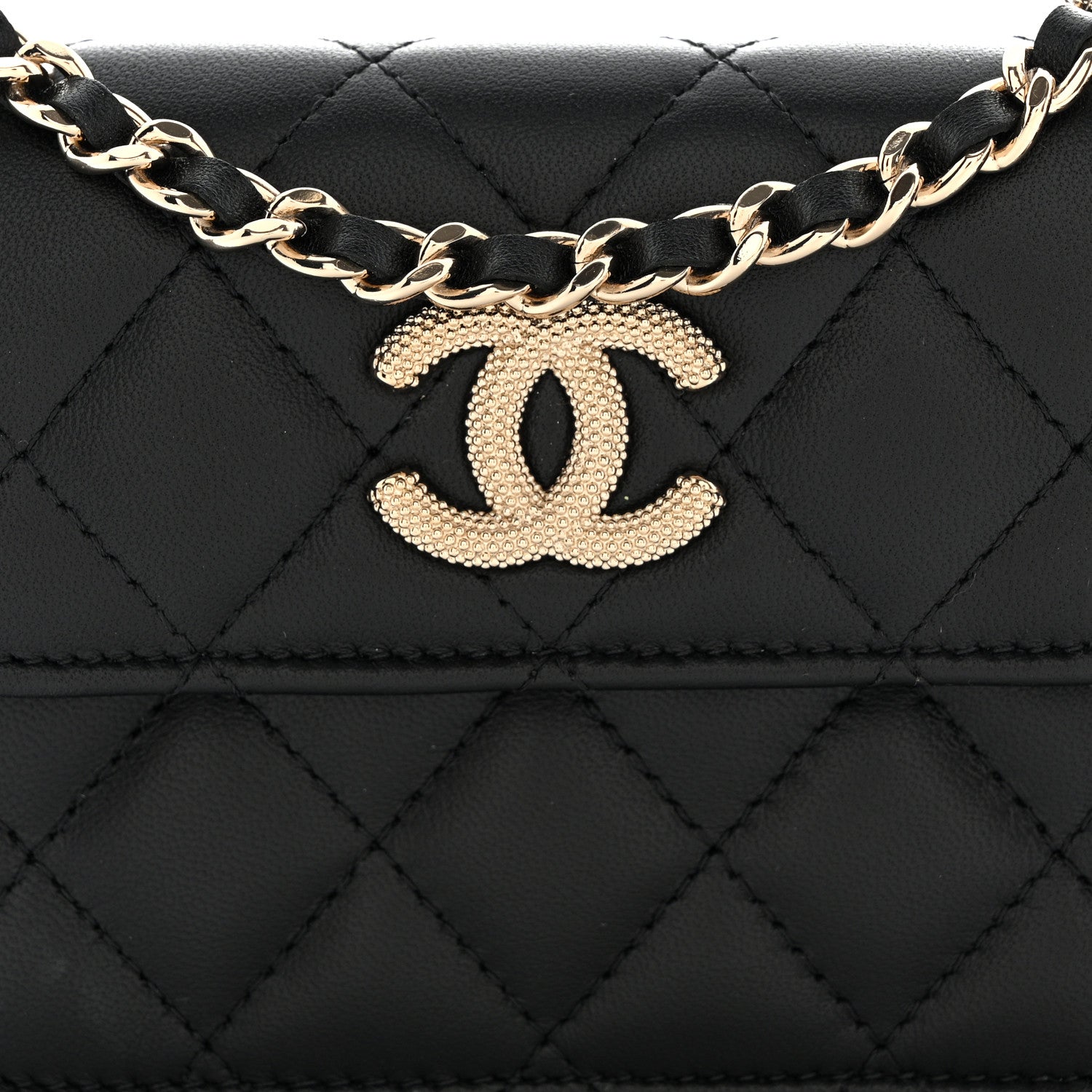 Lambskin Quilted Crystal CC Charm Clutch With Chain Black