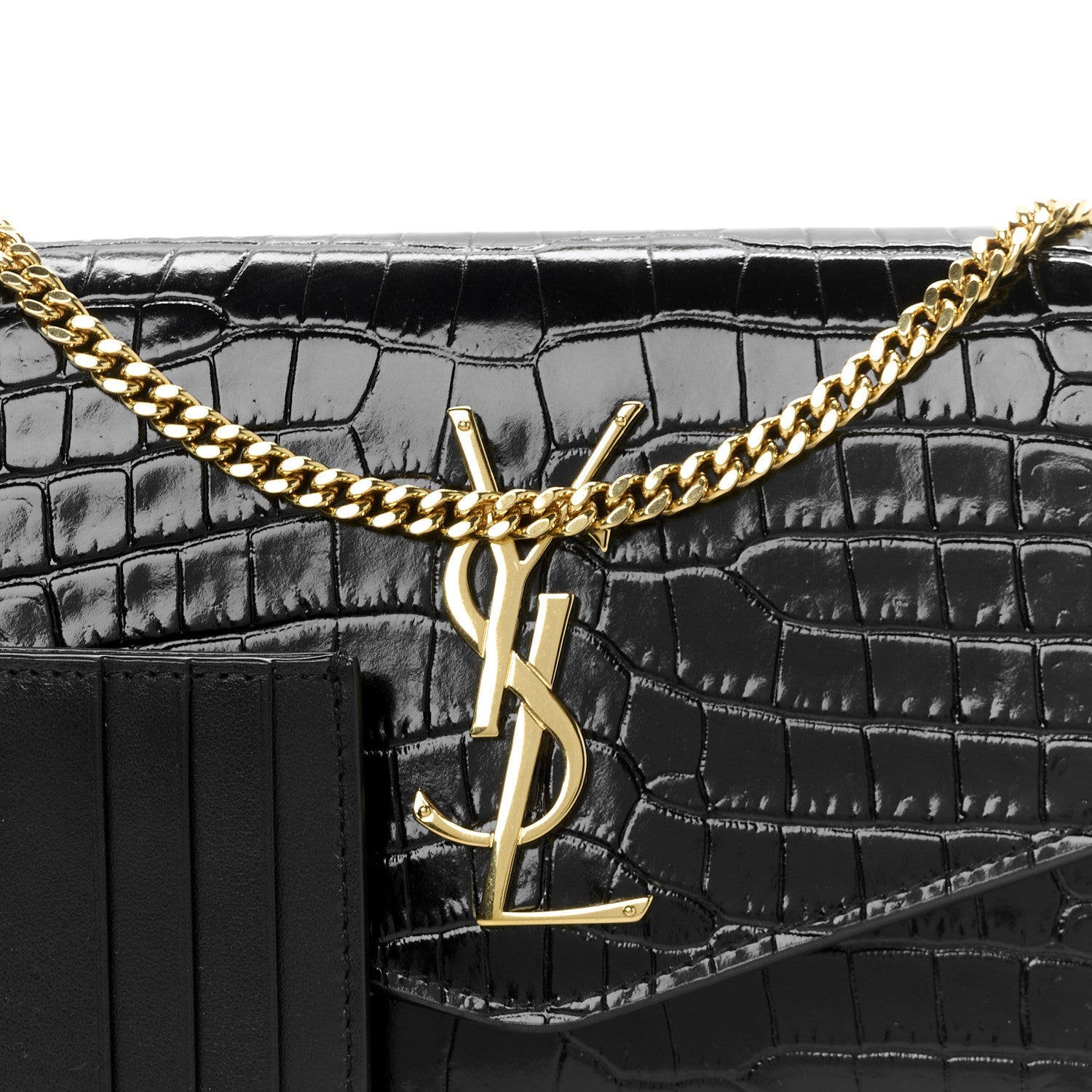 Calfskin Crocodile Embossed Monogram Uptown Chain Wallet Black