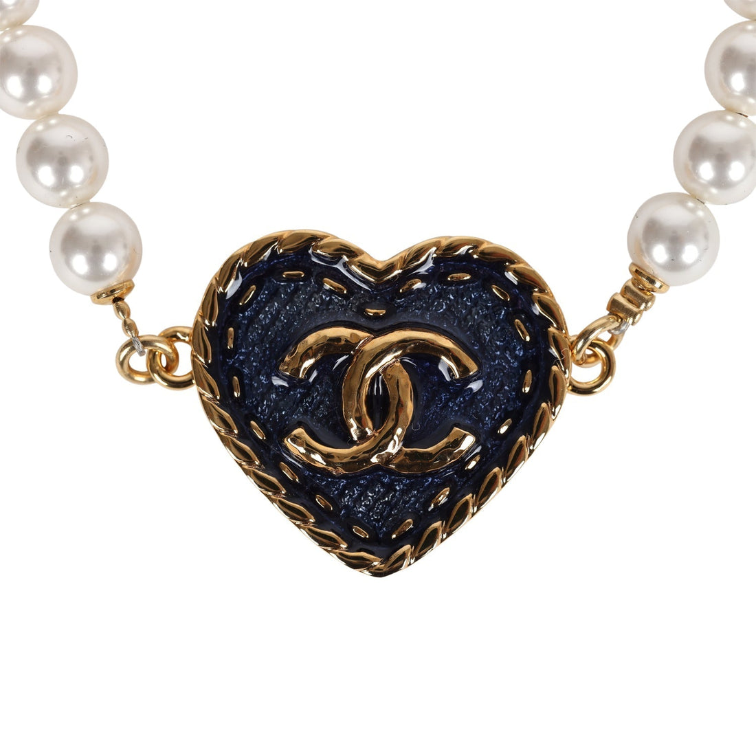 Chanel CC Heart Denim & Pearls Bracelet Blue/White Gold Hardware