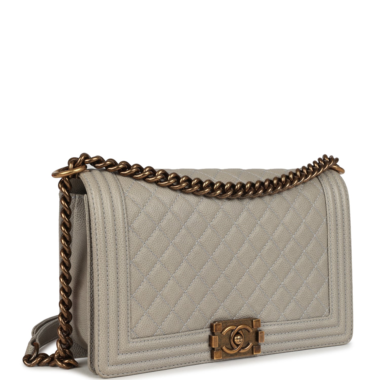 Pre-owned Chanel New Medium Boy Bag Grey Caviar Antique Gold Hardware