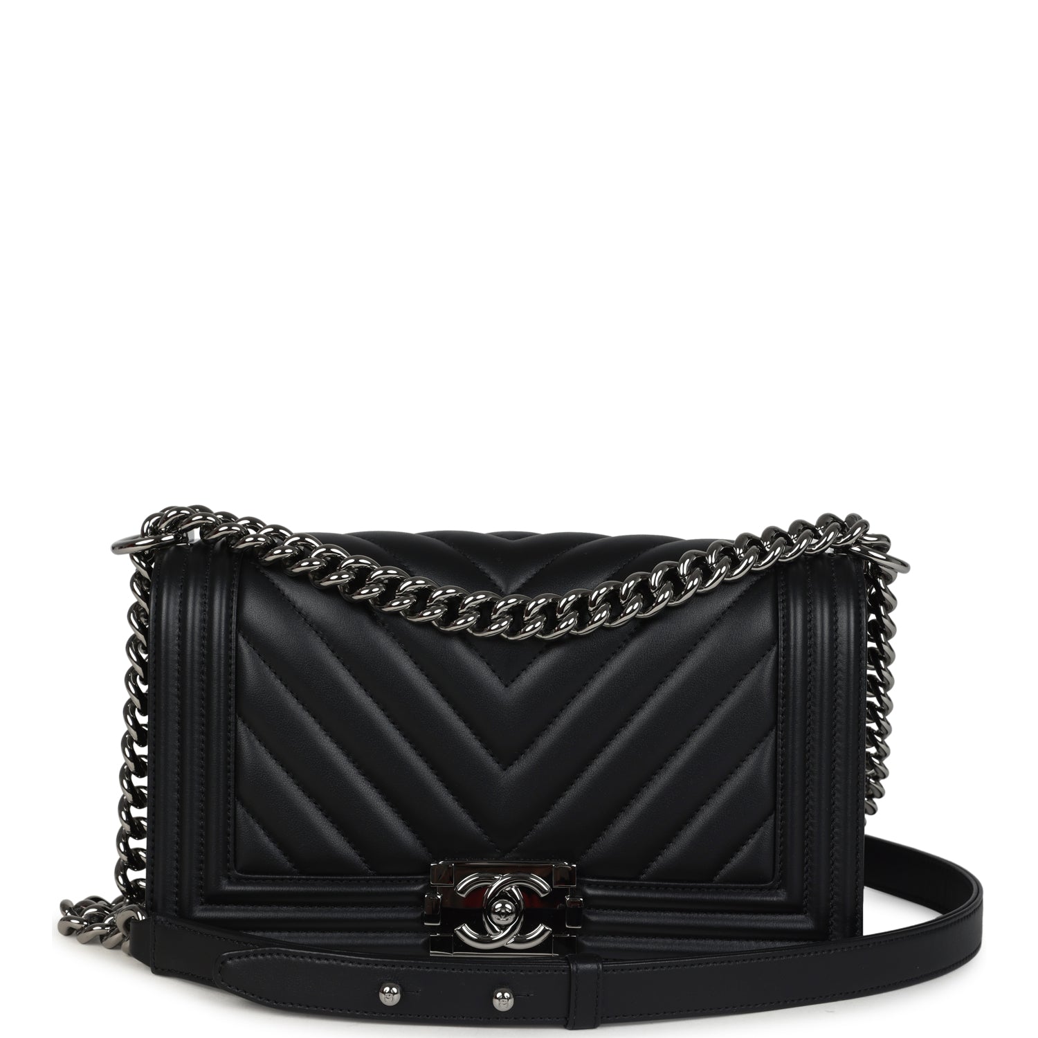 Pre-owned Chanel Medium Chevron Boy Bag Black Lambskin Ruthenium Hardware