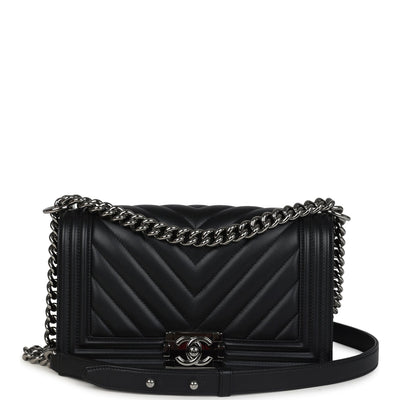 Pre-owned Chanel Medium Chevron Boy Bag Black Lambskin Ruthenium Hardware