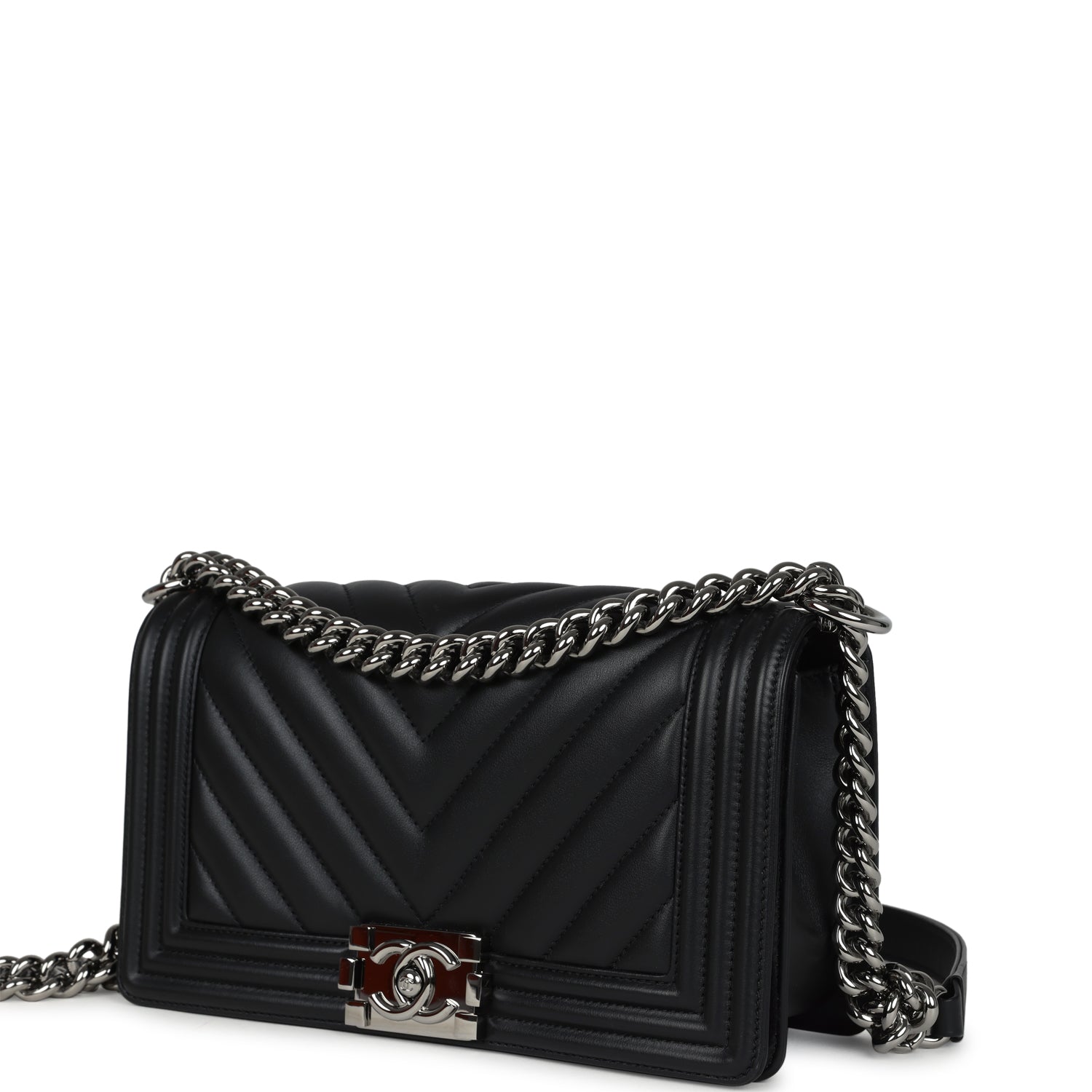 Pre-owned Chanel Medium Chevron Boy Bag Black Lambskin Ruthenium Hardware
