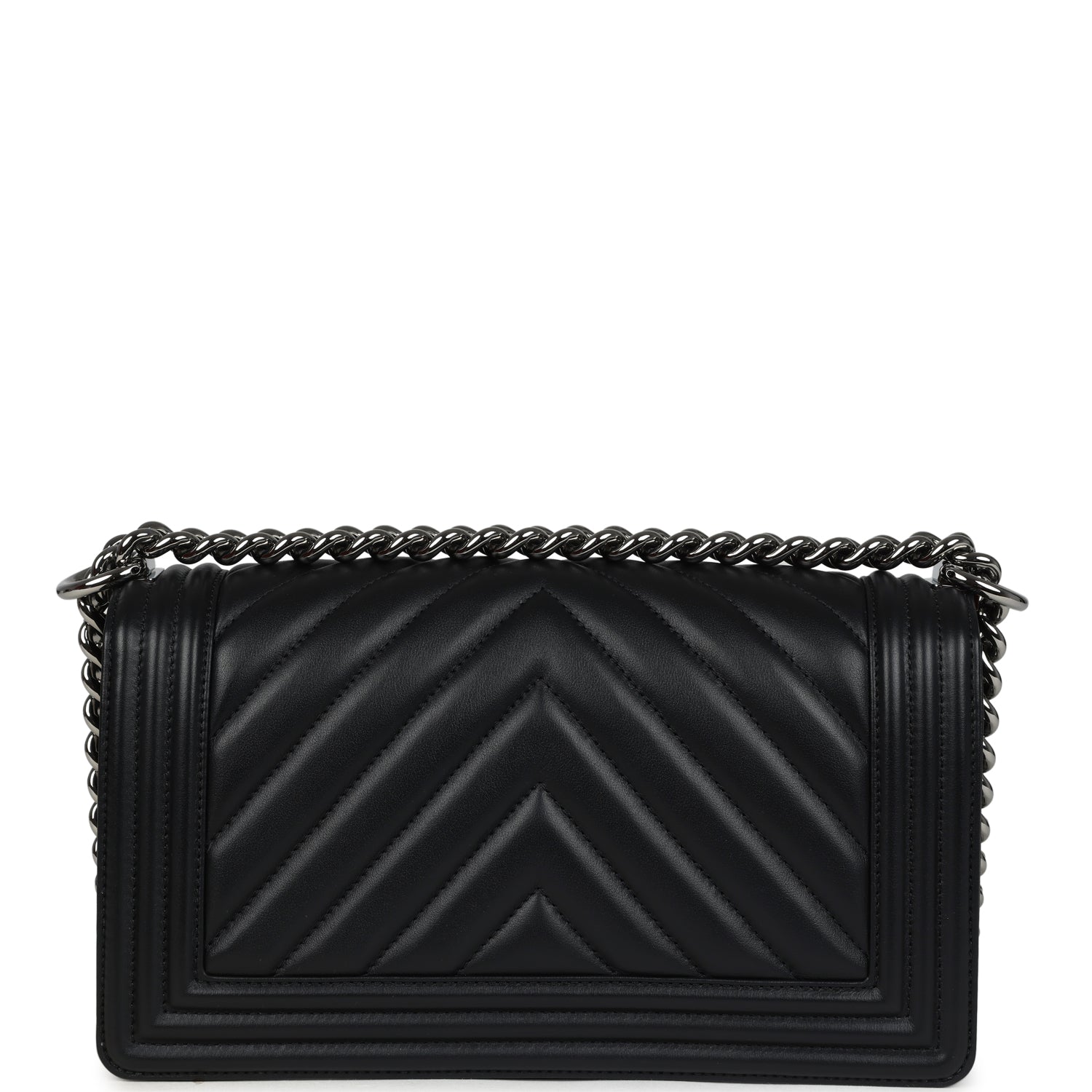 Pre-owned Chanel Medium Chevron Boy Bag Black Lambskin Ruthenium Hardware