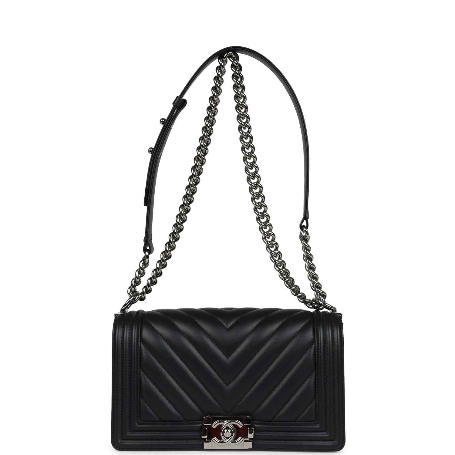 Pre-owned Chanel Medium Chevron Boy Bag Black Lambskin Ruthenium Hardware