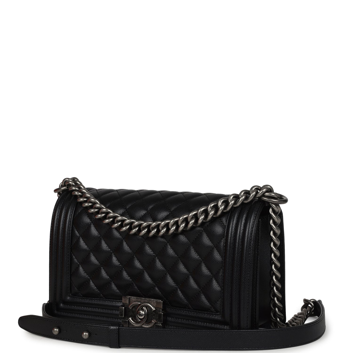 Pre-owned Chanel Medium Boy Bag Black Caviar Aged Ruthenium Hardware