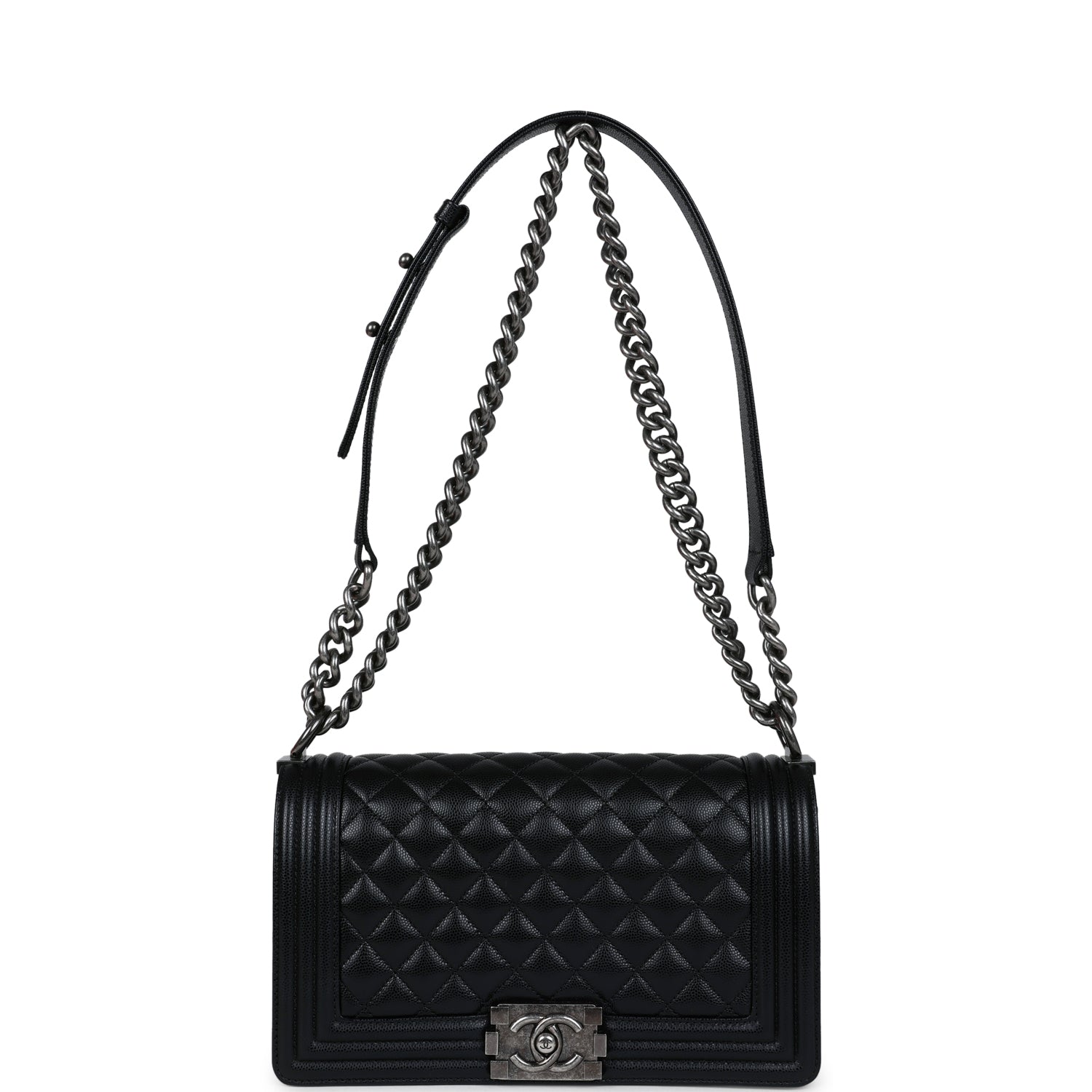 Pre-owned Chanel Medium Boy Bag Black Caviar Aged Ruthenium Hardware