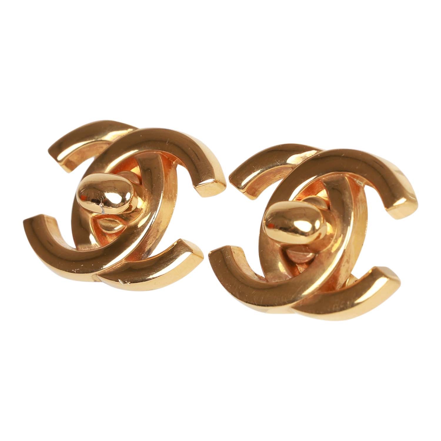 Vintage Chanel 24K Gold Plated Iconic CC Turn Lock Clip Earrings