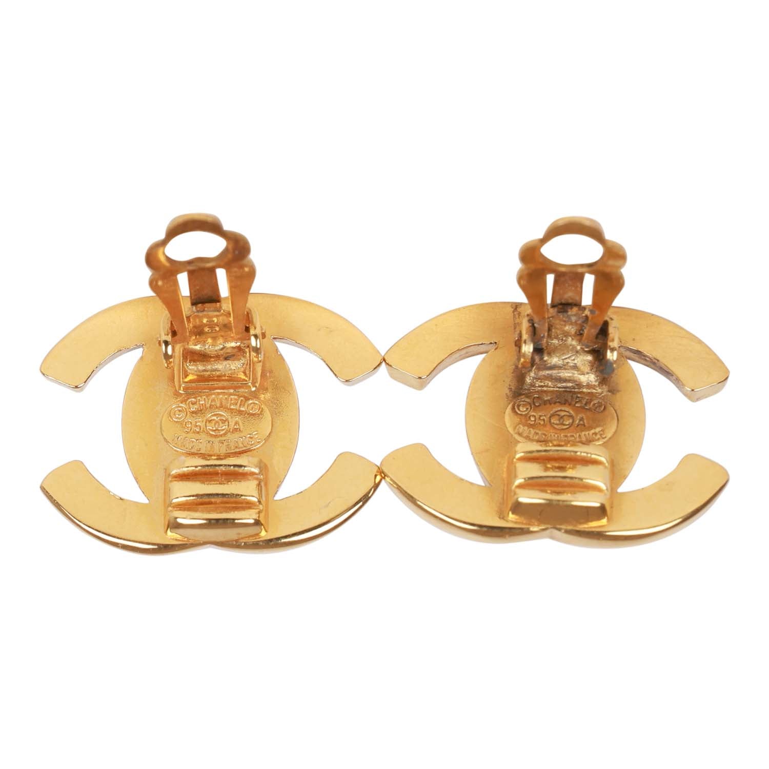 Vintage Chanel 24K Gold Plated Iconic CC Turn Lock Clip Earrings