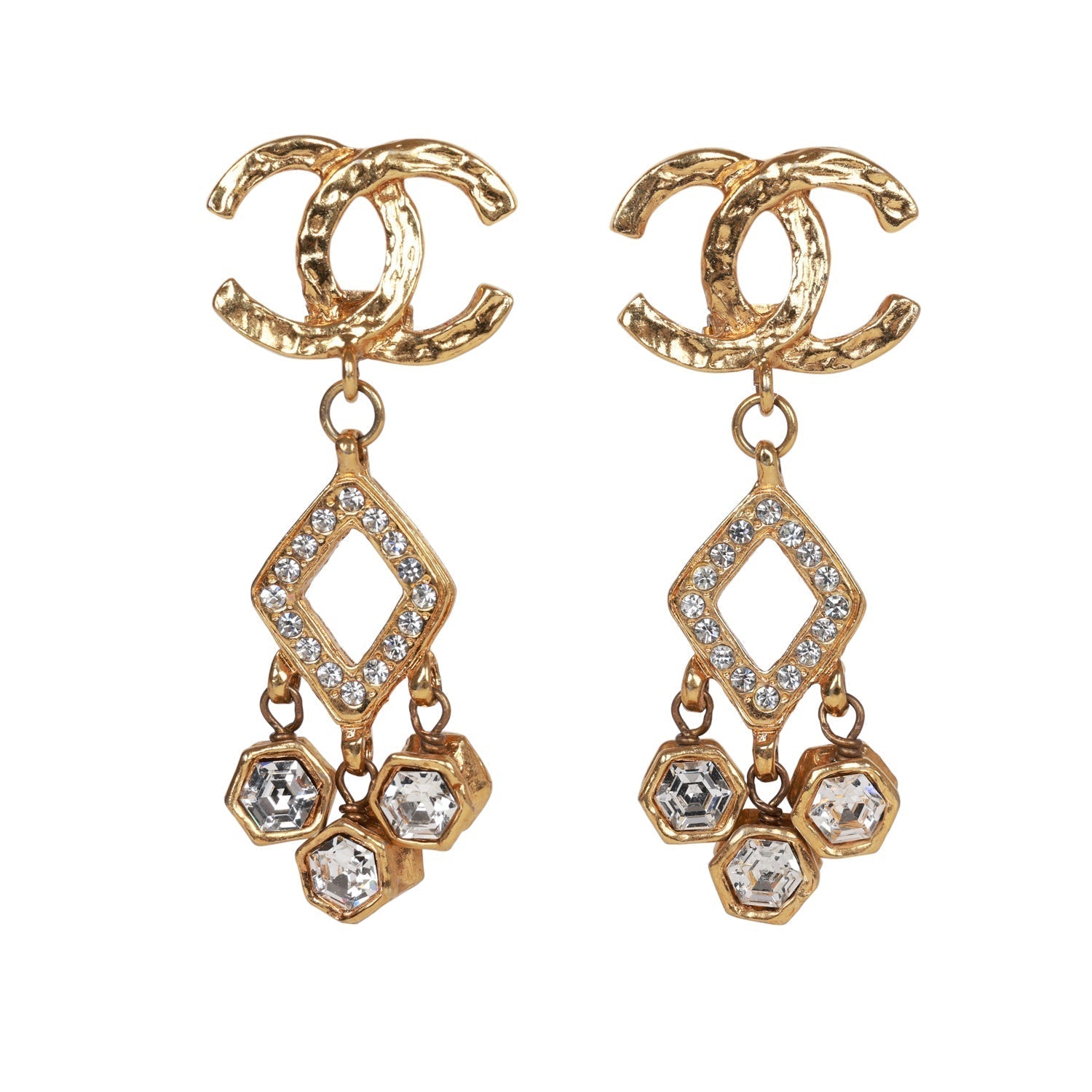 Vintage Chanel 24K Gold Plated Textured CC and Rhinestone Chandelier Clip Earrings