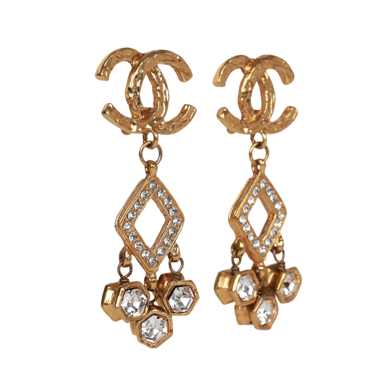 Vintage Chanel 24K Gold Plated Textured CC and Rhinestone Chandelier Clip Earrings