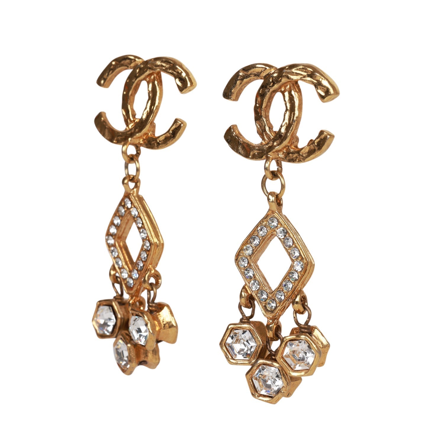 Vintage Chanel 24K Gold Plated Textured CC and Rhinestone Chandelier Clip Earrings