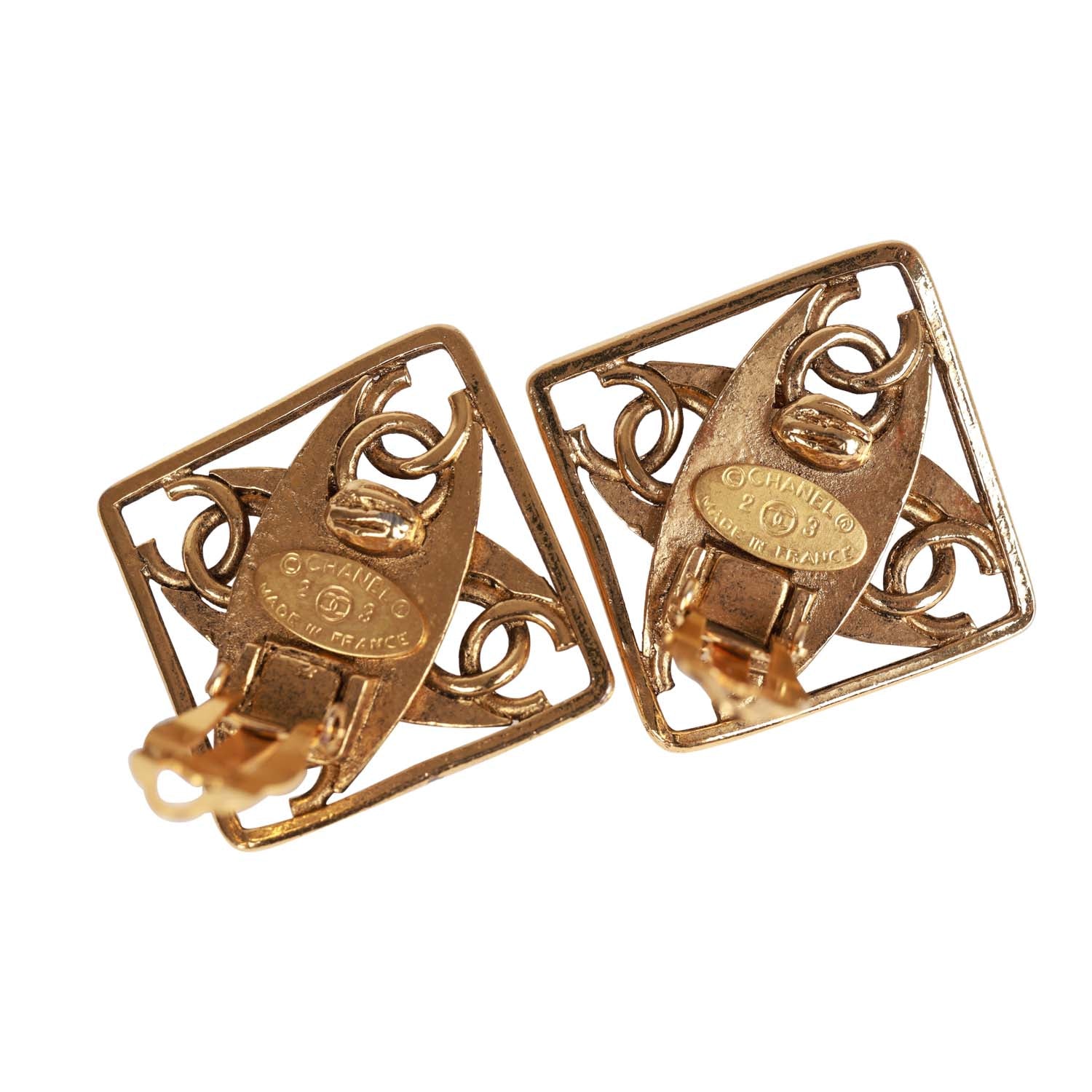 Vintage Chanel 24K Gold Plated CC Square Pearl Earrings