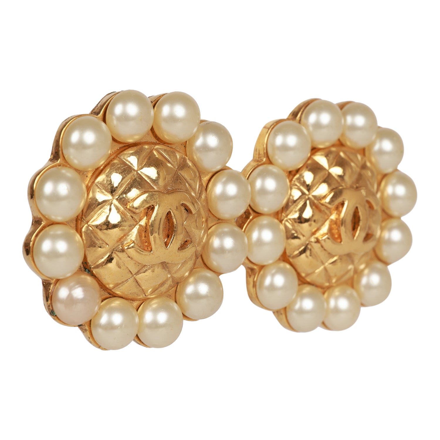 Vintage Chanel 24K Gold Plated CC Logo Pearl Circle Earrings